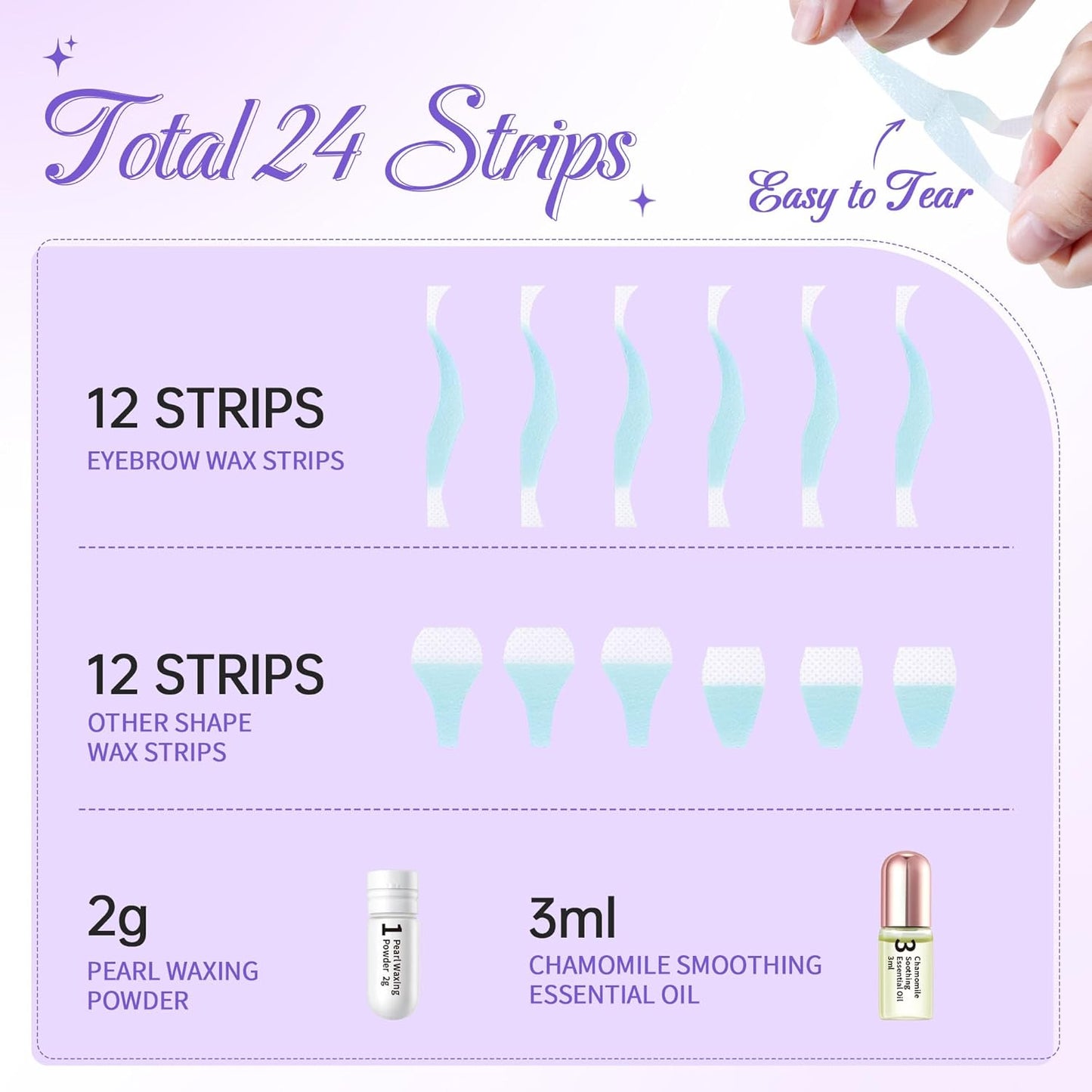 Sensitive Eyebrow Wax Strips - 24 High Arched Waxing Strips with Pearl Powder for Delicate Skin
