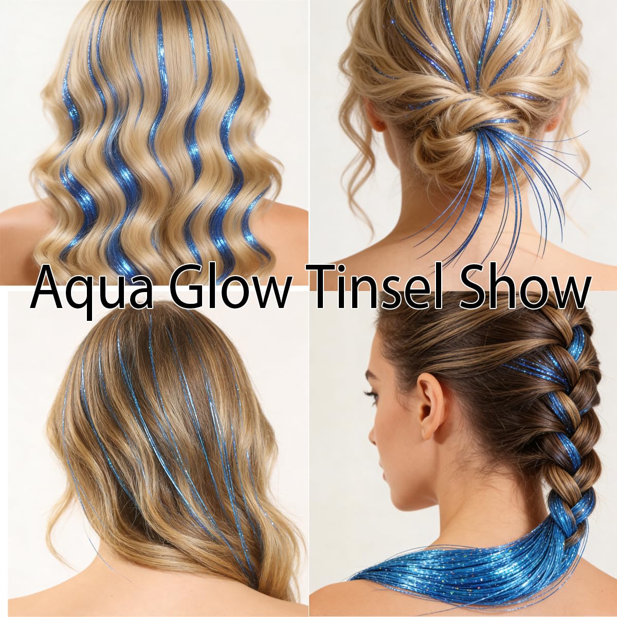 Celinebella Aqua Glow Hair Tinsel, 48" 1250 Strands Cool Blue Shimmer