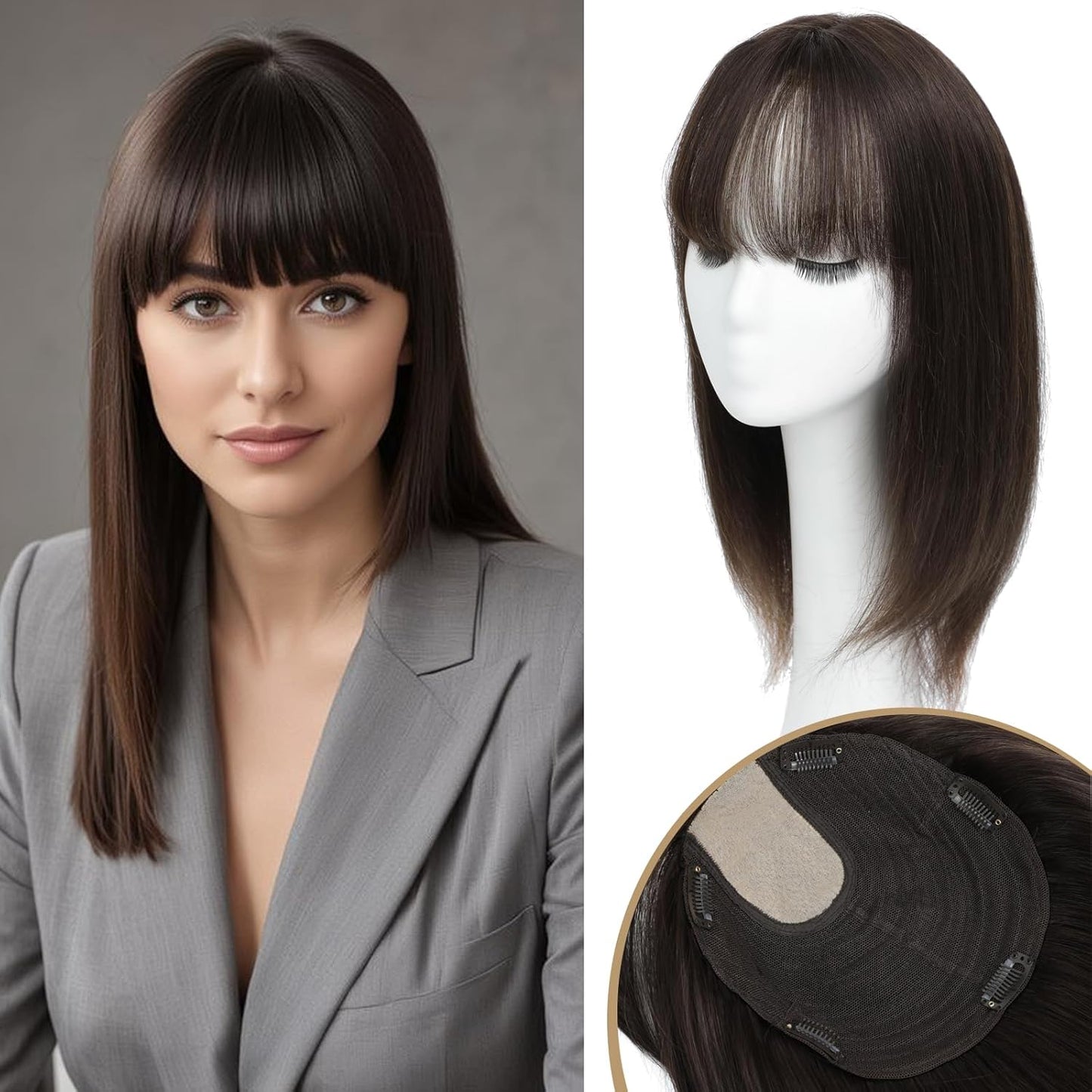 YAMI Hair Toppers for Women - Real Human Hair Topper with Bangs | Medium Brown, 15 Inch Hairpiece for Thinning Hair