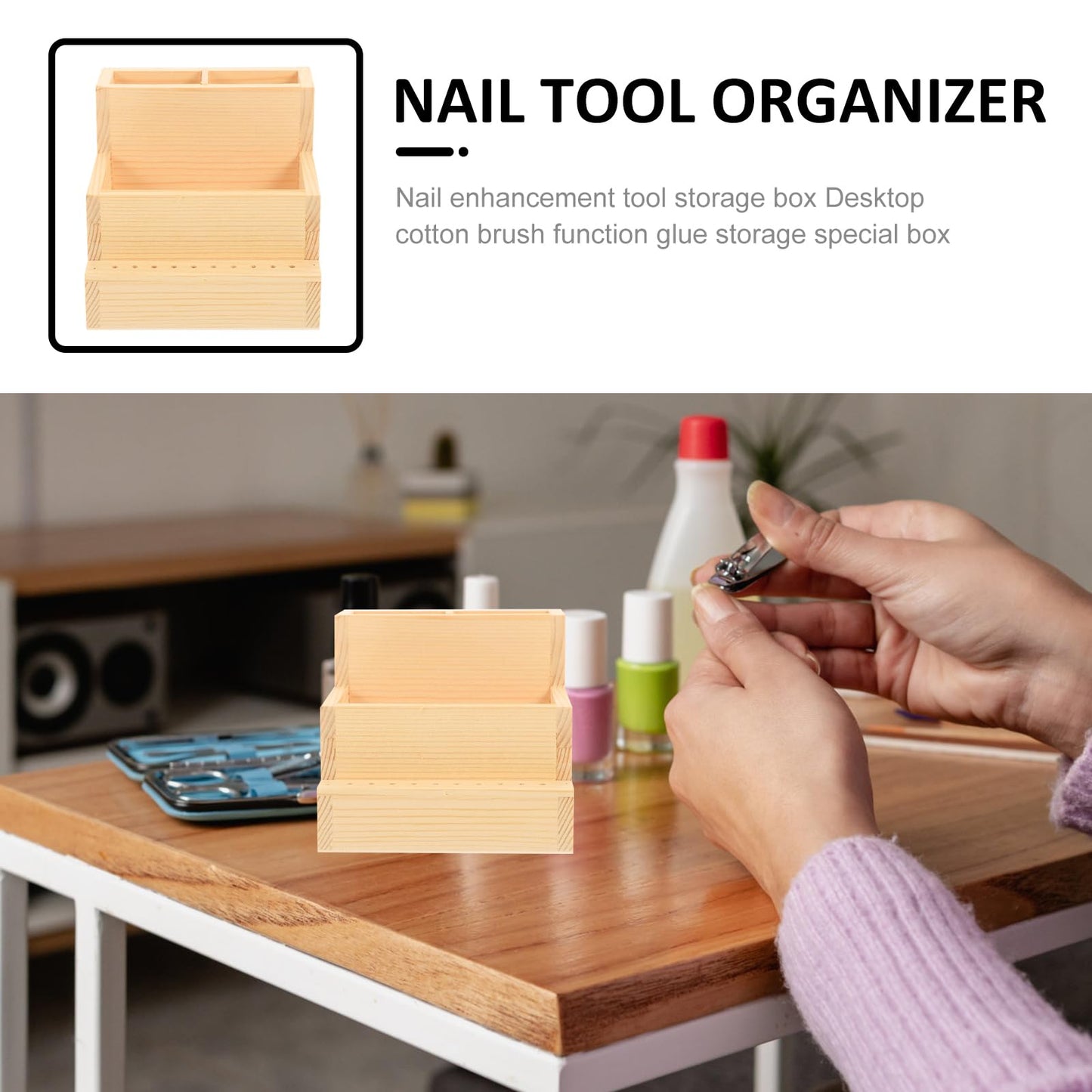 Beavorty Nail Tool Organizer Wooden Desktop Storage Box 4.84X4.52X3.93In Manicure Drill Bit Holder and Makeup Brush Container for Office and Home