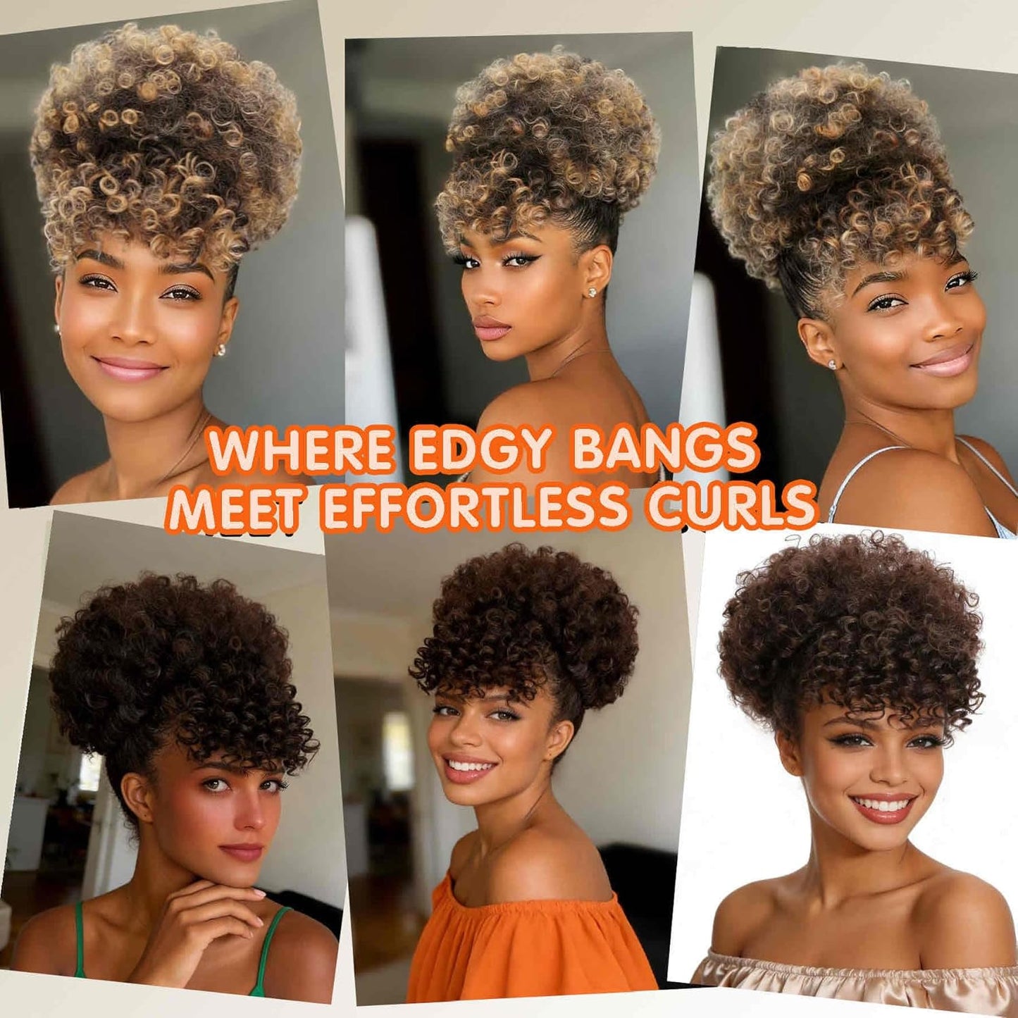 Ponytail Extensions with Bangs - Afro Puff Kinky Curly Hairpiece for Women | Short Natural Updo (1BT27)