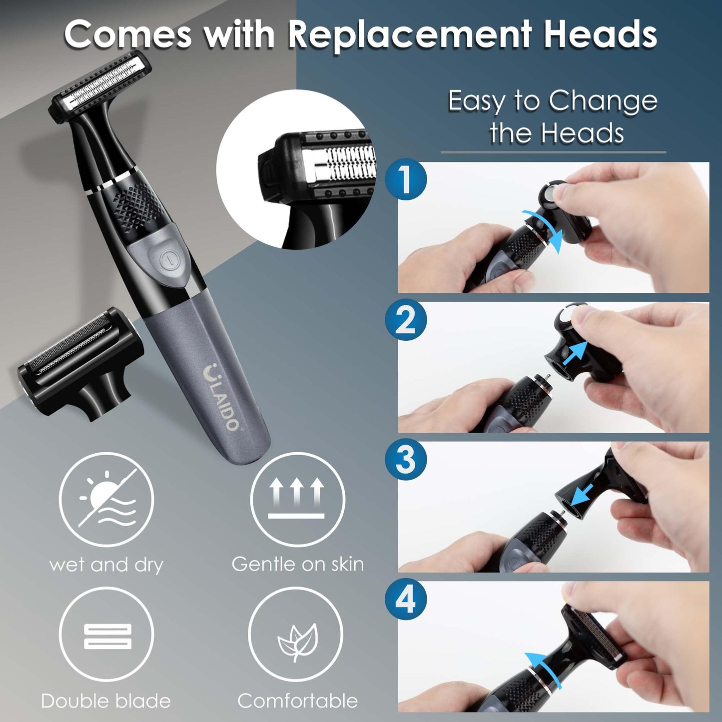 ULAIDO Electric Groin Pubic Hair Trimmer, Body Hair Trimmer for Men, Body Hair Groomers, Waterproof Wet/Dry Ball Trimmer for Full Body and Privates with Replacement Body Groomer Foil Heads