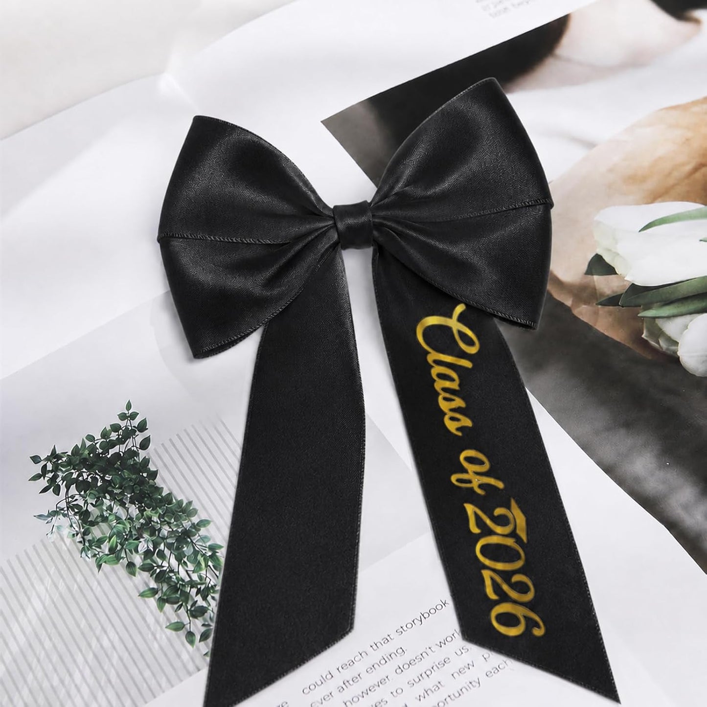 Graduation Cap Bow - Class of 2026 Satin Ribbon Hair Accessory | Black Embroidery Decor