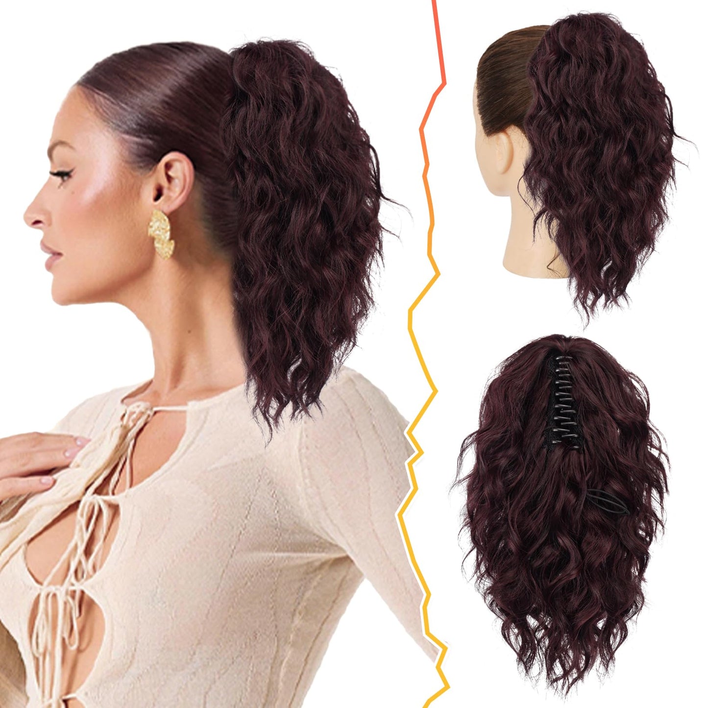 BARSDAR Red Ponytail Extension - 12 Inch Claw Clip Ponytail Extensions for Women - Curly Wavy Multi Layered Synthetic Clip in Ponytail Hairpieces Daily Party Halloween - Dark Burgundy
