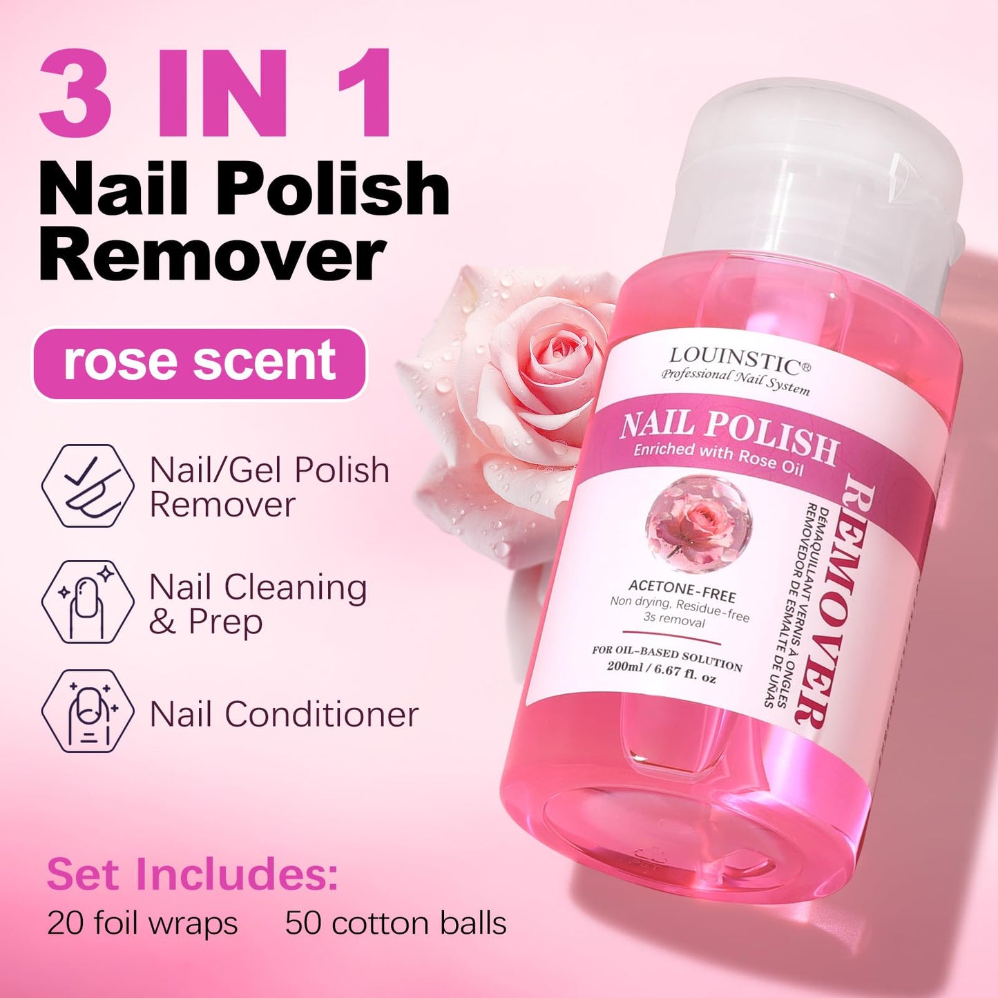 LOUINSTIC Nail Polish Remover – Press Pump, Rose Oil Formula, 6.8 Fl Oz