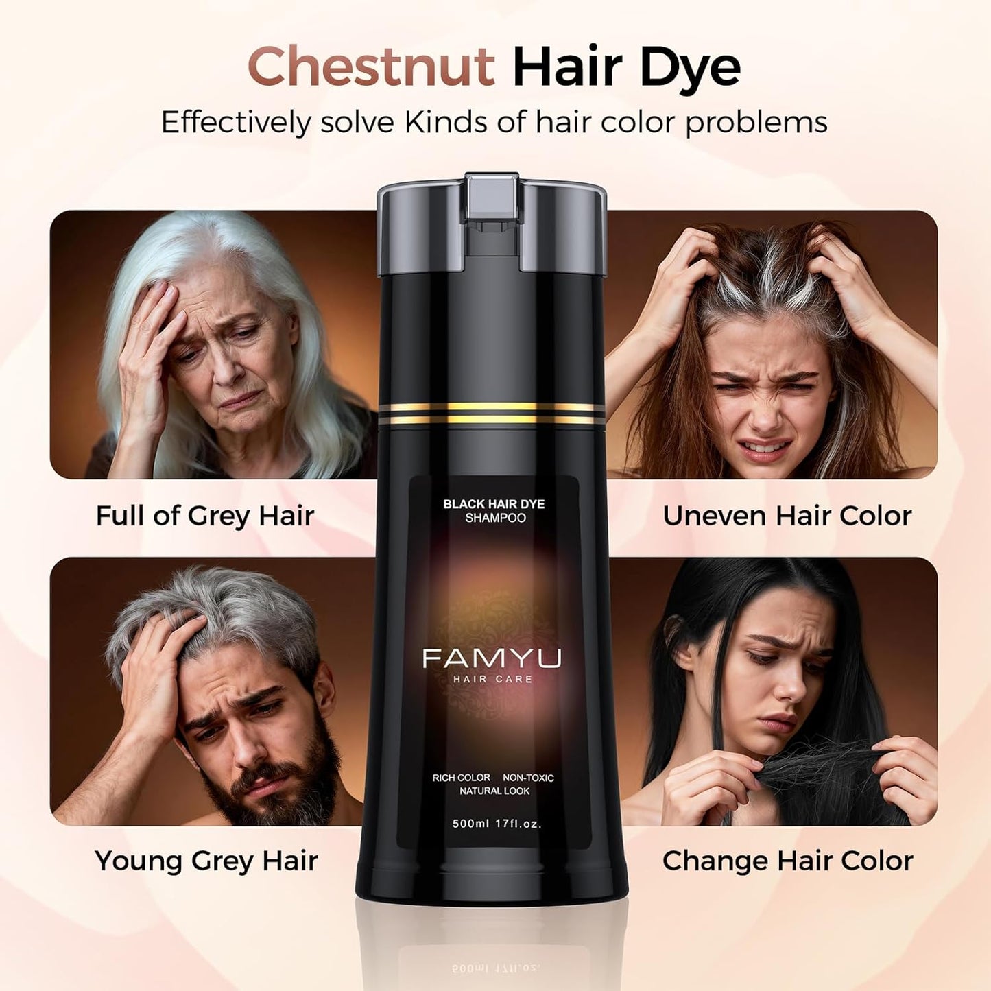Black Hair Dye Shampoo - Long-Lasting Color for Men & Women | Herbal Formula for Grey Coverage, 17oz