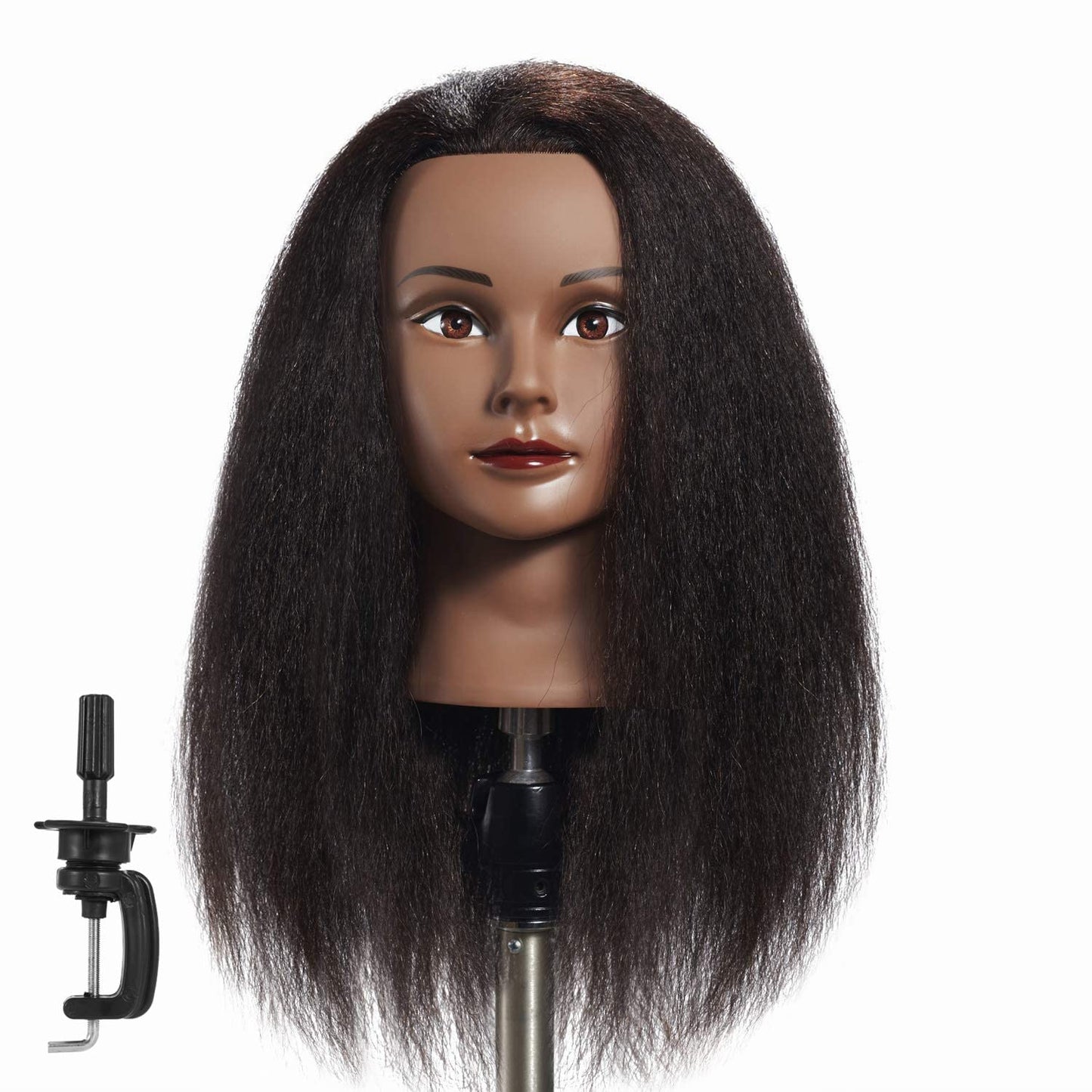 Mannequin Head 100% Real Hair 16-18 Inch Training Head Manikin for Hairdresser Training and Styling Practice Cosmetology Doll Head Practice Braiding Hair - With Clamp Stand