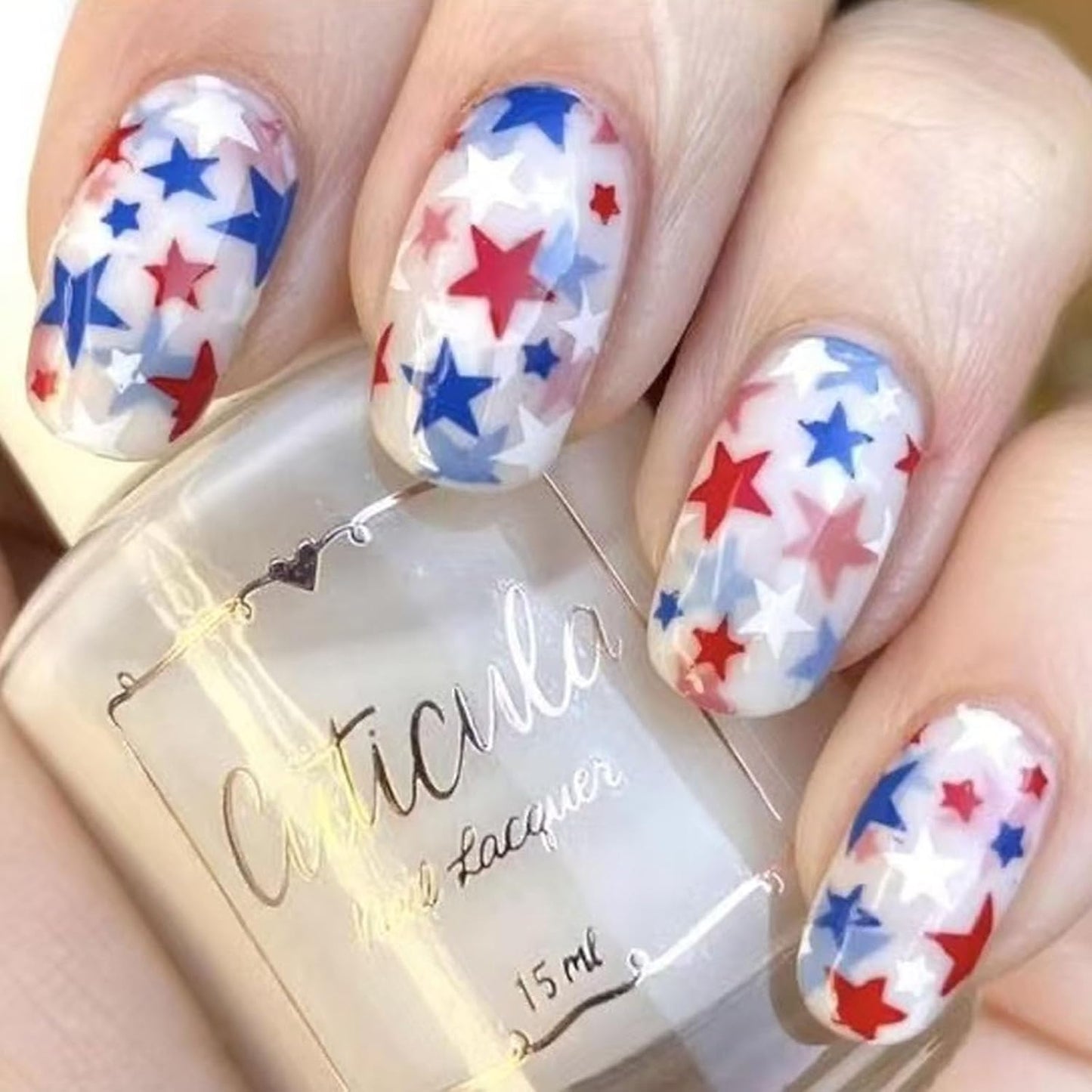 Press On Nails - Medium Square American Flag Glitter Design | 24Pcs Red, Blue & Gold 4th of July Fake Nails