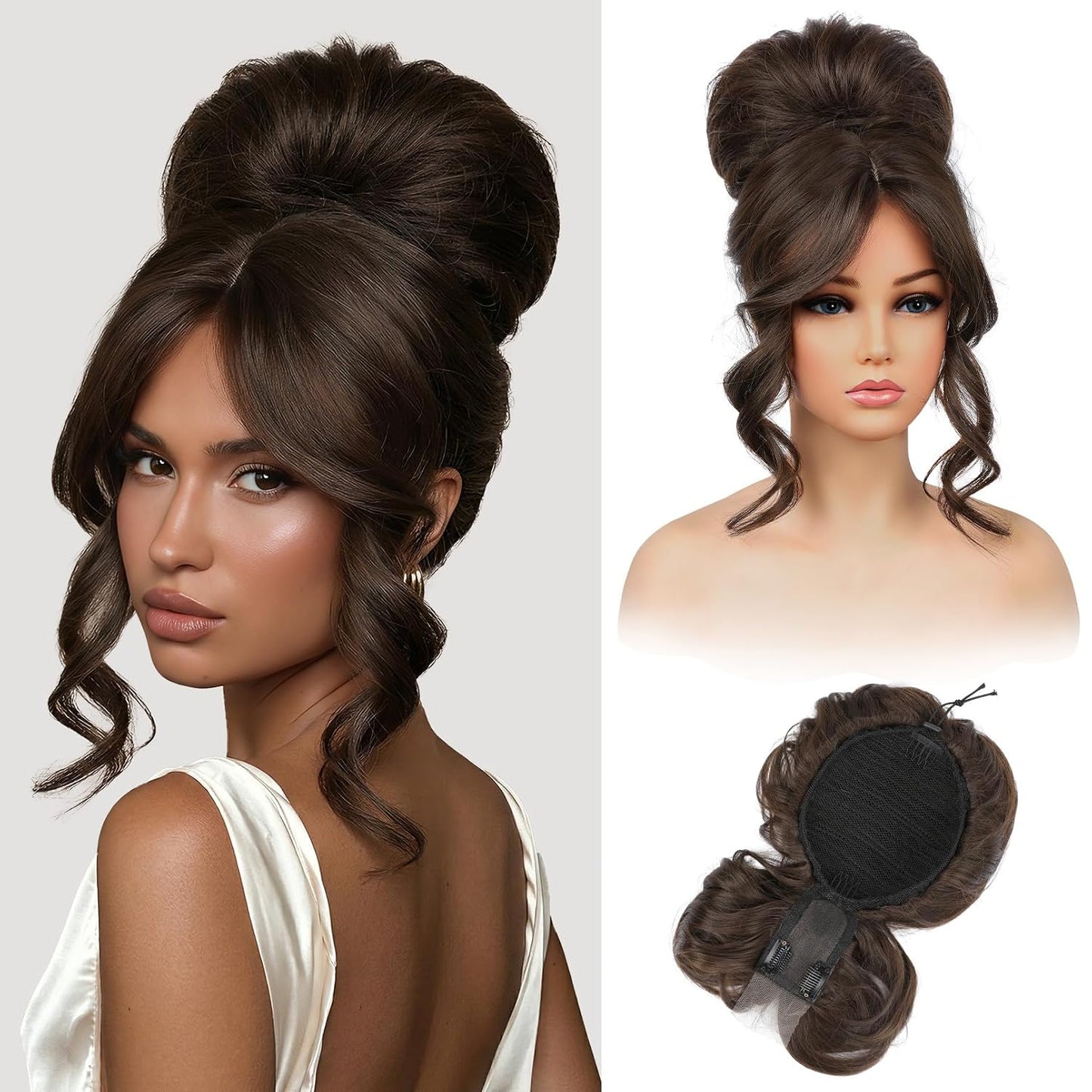 Messy Bun Hair Piece with Bangs - 2-in-1 Drawstring Ponytail Extension & Updo Wig | Natural-Looking Black Hair Topper