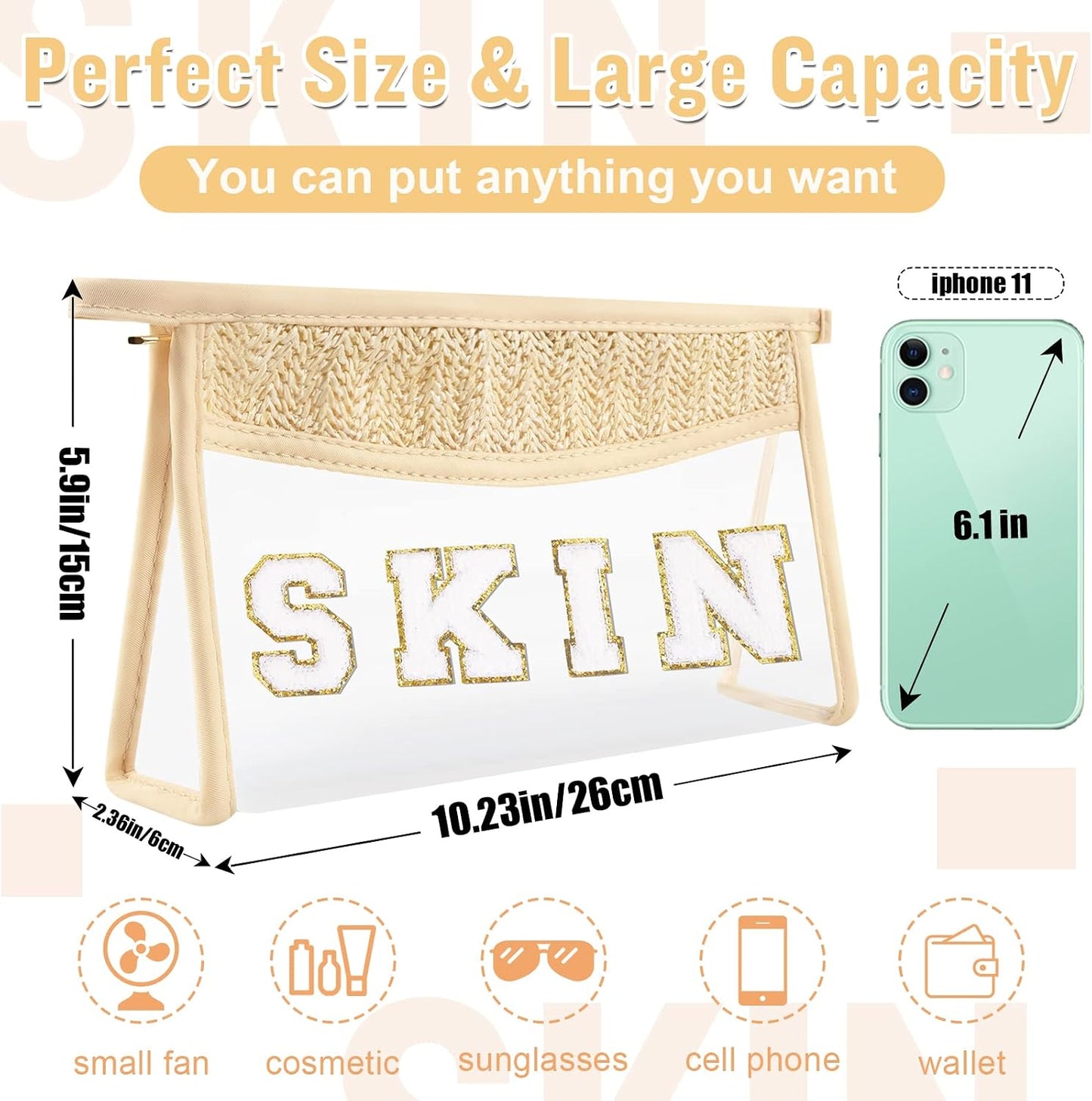 Clear Makeup Letter Patch Bag - Boho Transparent Toiletry Pouch | Small Waterproof Cosmetic Organizer for Women