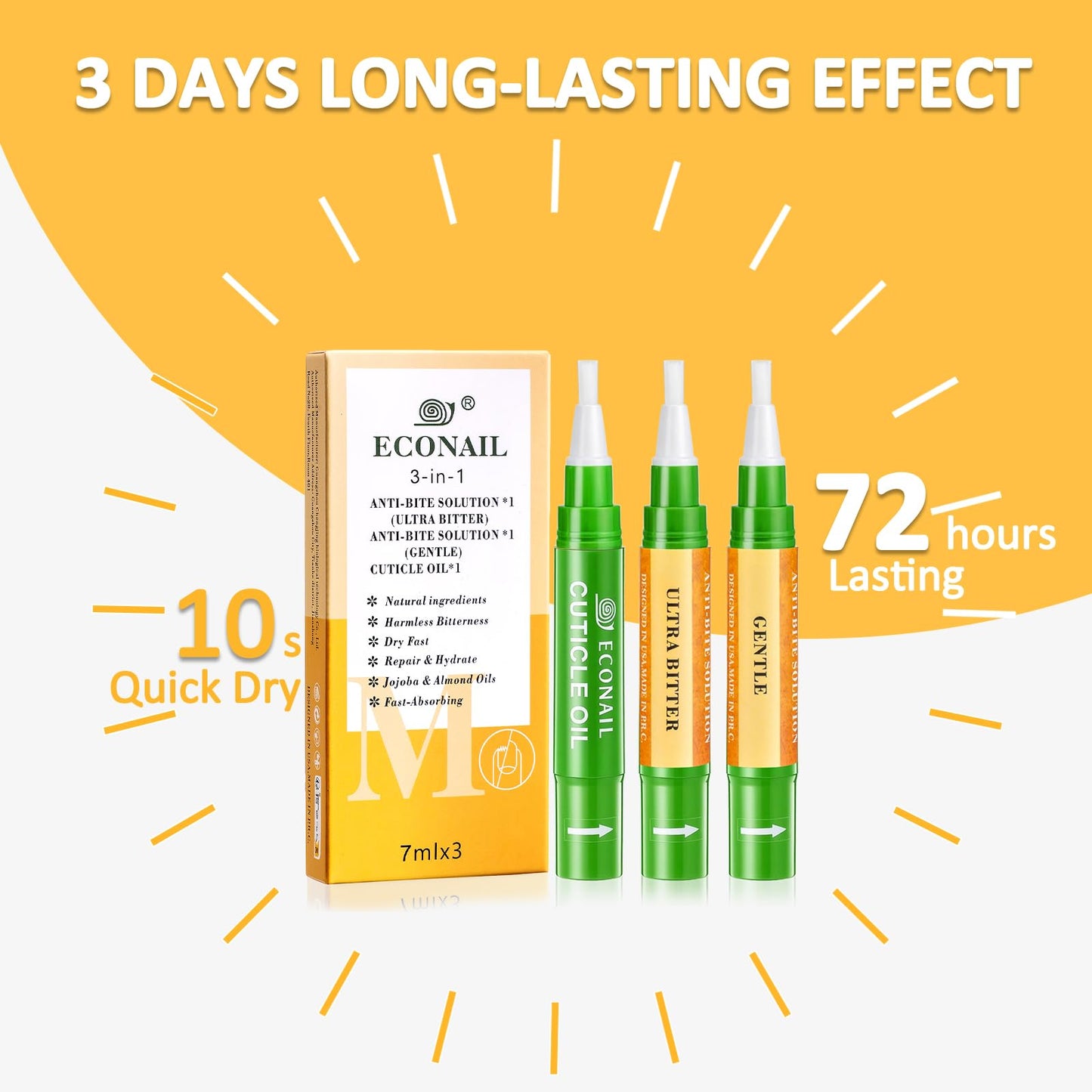Econail 3 IN 1 Nail Biting Prevention Kit for Kids & Adults -3 Pack Includes Extra Strength+ Gentle Bitter Polish + Cuticle Oil. Fast Drying Formula Stops Nail Biting & Thumb Sucking