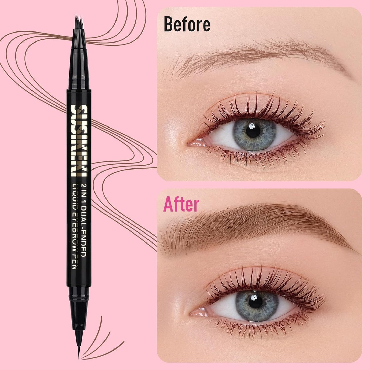 Dual Ended Microblading Eyebrow Pen - 2 in 1 Liquid Pencil with Angled Brush & Detail Tip for Natural Brows | Long-Lasting Brown