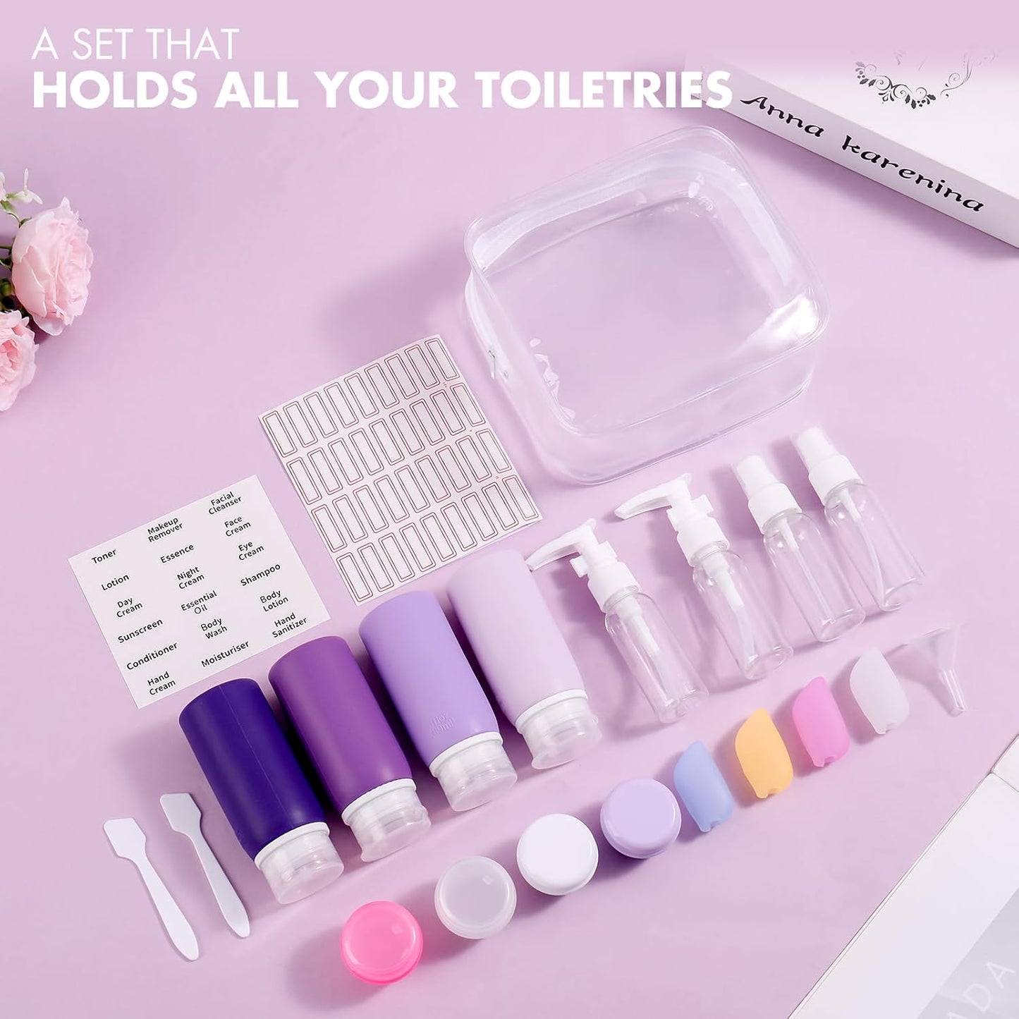 Travel Bottles for Toiletries - 21 Pack Leak-Proof TSA Compliant Silicone Containers | BPA Free, Purple