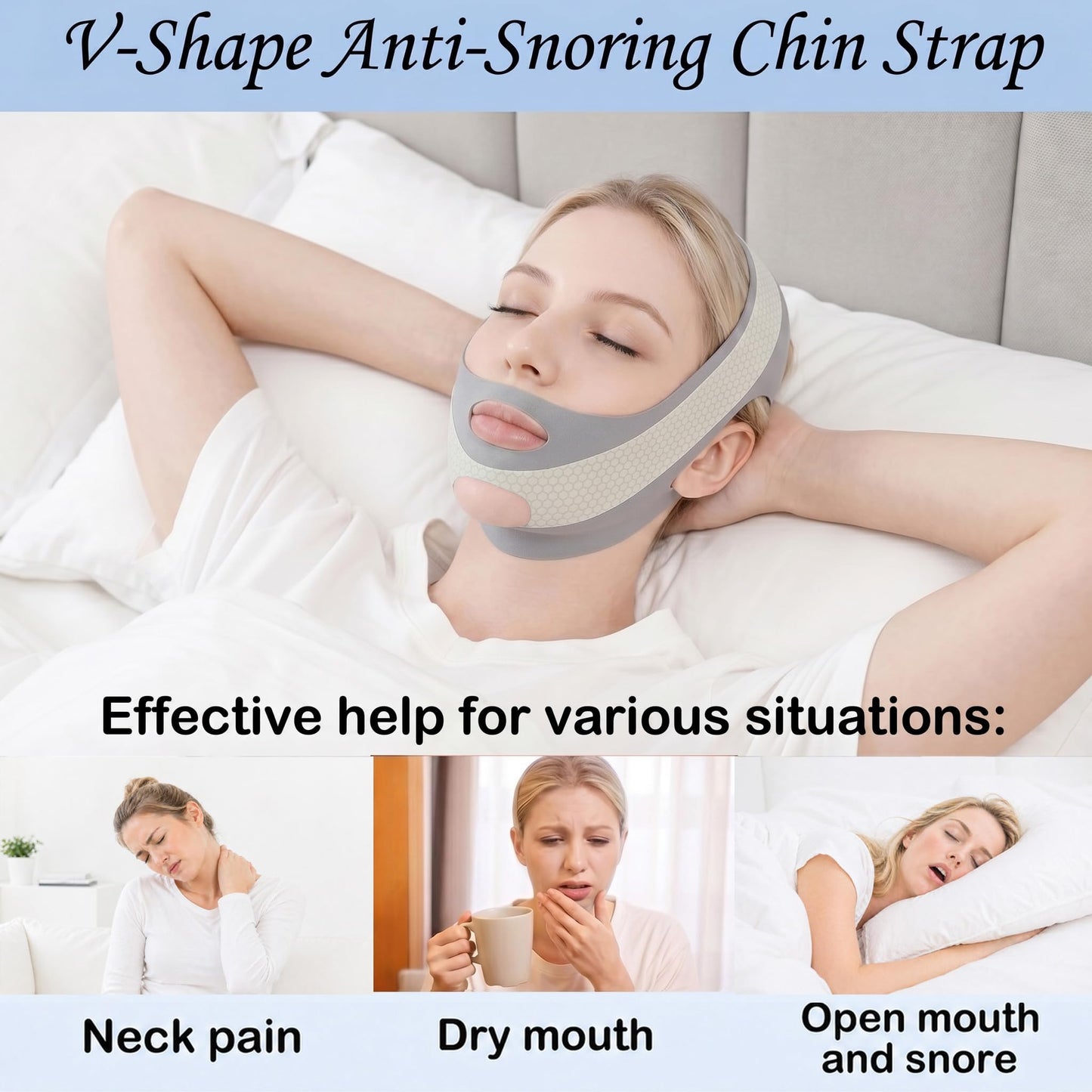 Anti Snoring Chin Strap, V Line Lifting Mask, Chin Strap for Sleeping, V Line Mask, Face Lifting Strap, Stop Snoring Chin Strap, Snoring Solution for Men and Women, Breathable Chin Strap (Grey.)