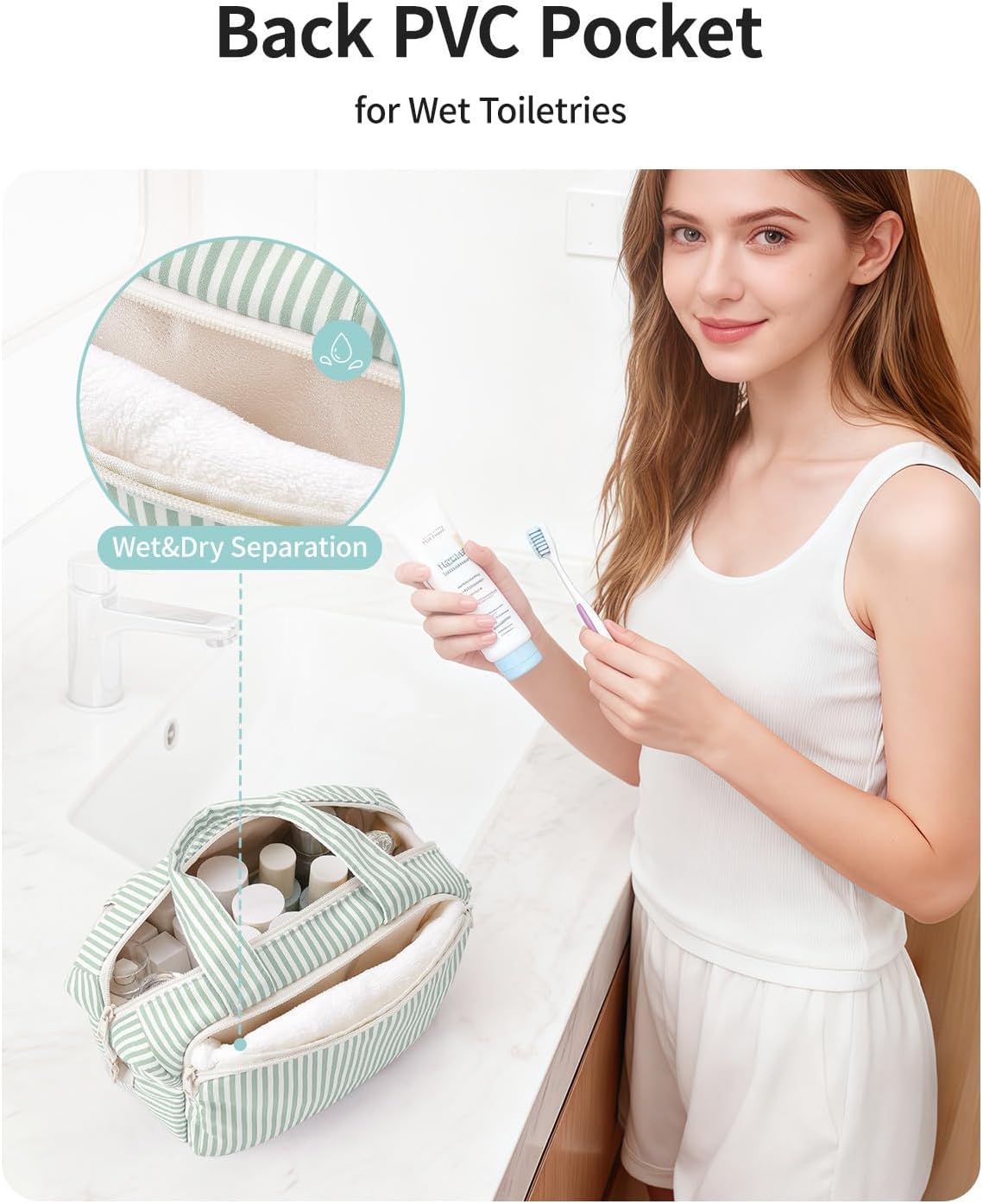 Travel Toiletry Bag for Women - Large Makeup Organizer with Handle | Mint Green Stripe, Wet Pocket for Essentials