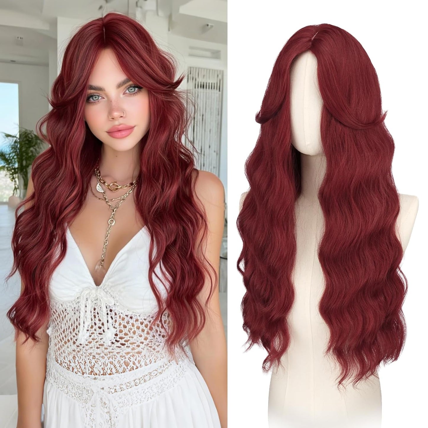 Blue Wigs with Curtain Bangs - Long Wavy Synthetic Hair Wig for Women | 26 Inch Blue Mixed Grey