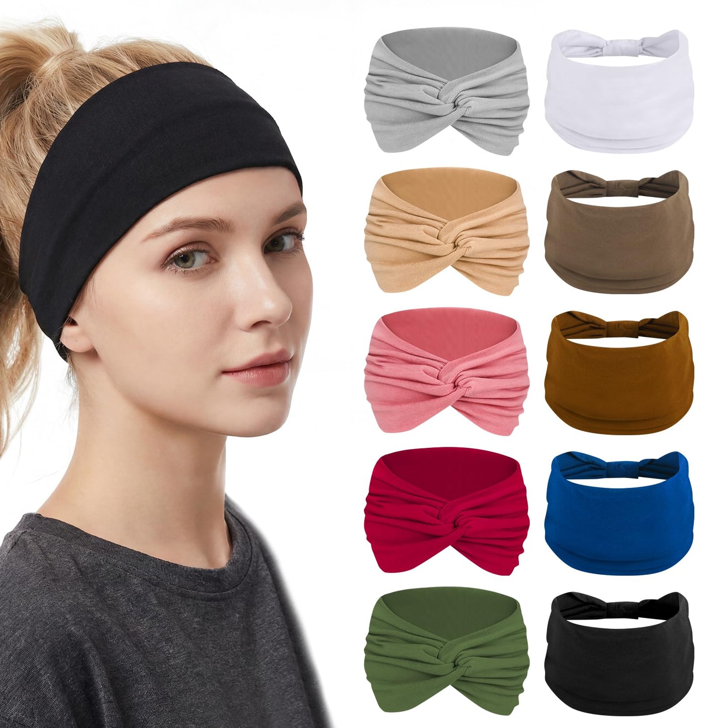 ZhouBoat 10 Pcs Stretchy Headbands for Women Non Slip Wide Elastic Head Bands Soft Twist Knotted Headbands Sports Sweat Bands for Daily Life Spa Yoga Workout Running Gym