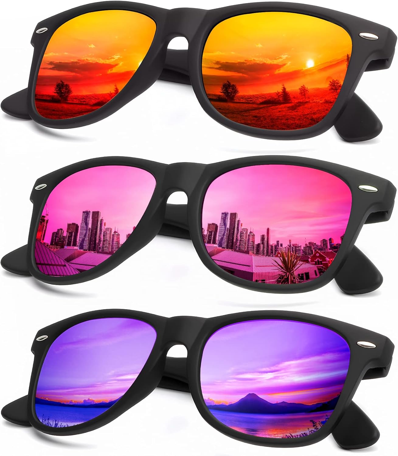 KALIYADI Polarized Sunglasses - Matte Finish, UV Blocking, Color Mirror Lenses | 3-Pack for Men & Women