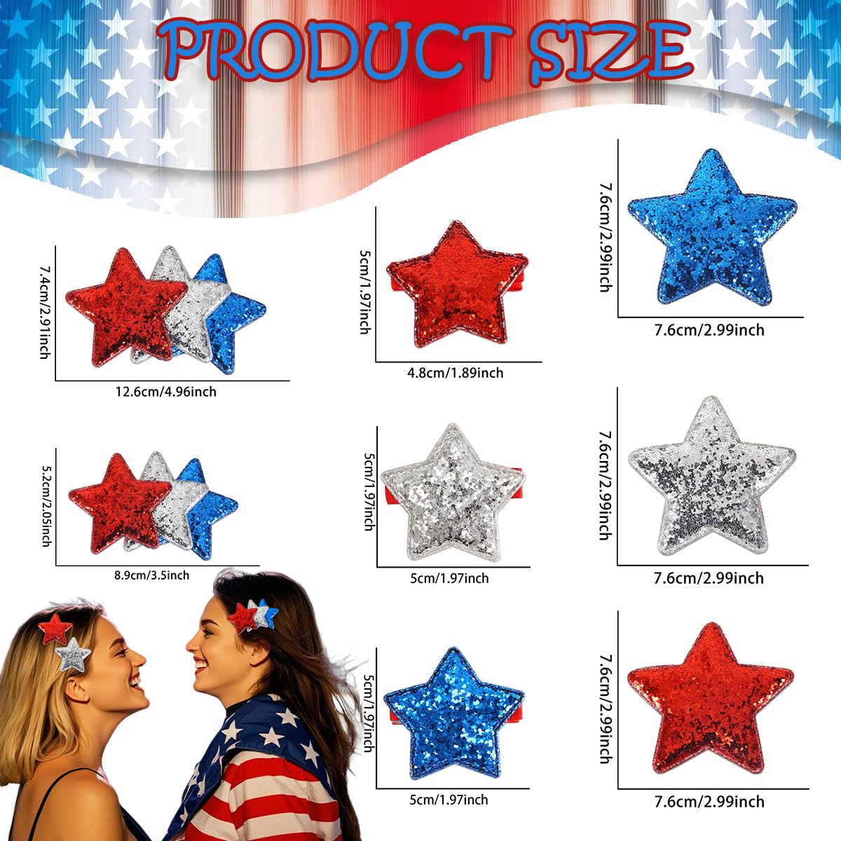 8 Pcs Star Hair Clips 4th of July Glitter Red White Blue Star Y2K Hair Barrettes Non Slip Sparkly Sequin Stars Hair Accessories for Women Girls Independence Day Hair Decoration