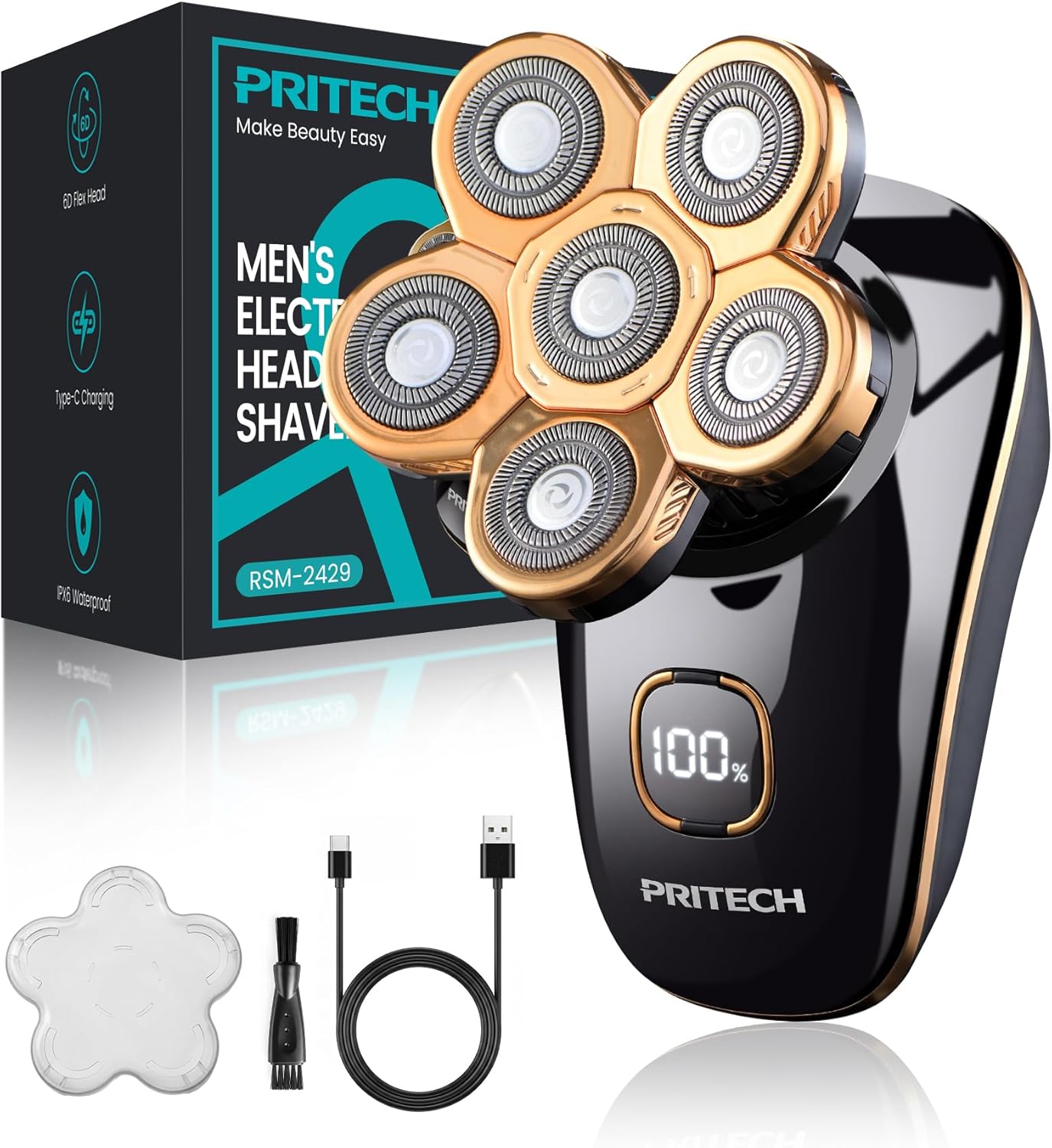 Electric Razor for Bald Men - PRITECH Type-C Charge Shaver with 6 Rotary Blades, Waterproof Grooming Kit | Turbo Speed, LED Display, Black