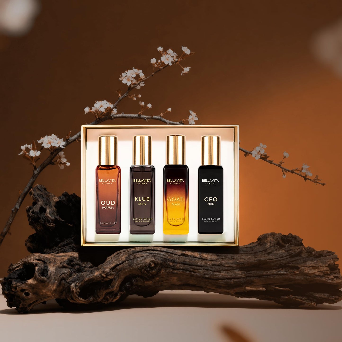 BellaVita Luxury Men's Perfume Gift Set with CEO Man, G.O.A.T., KLUB & OUD | 4 x 20ml (80ml) | Long Lasting Perfume for Men | Citrus, Woody, Patchouli & Caramel Notes | Gift for Father's Day