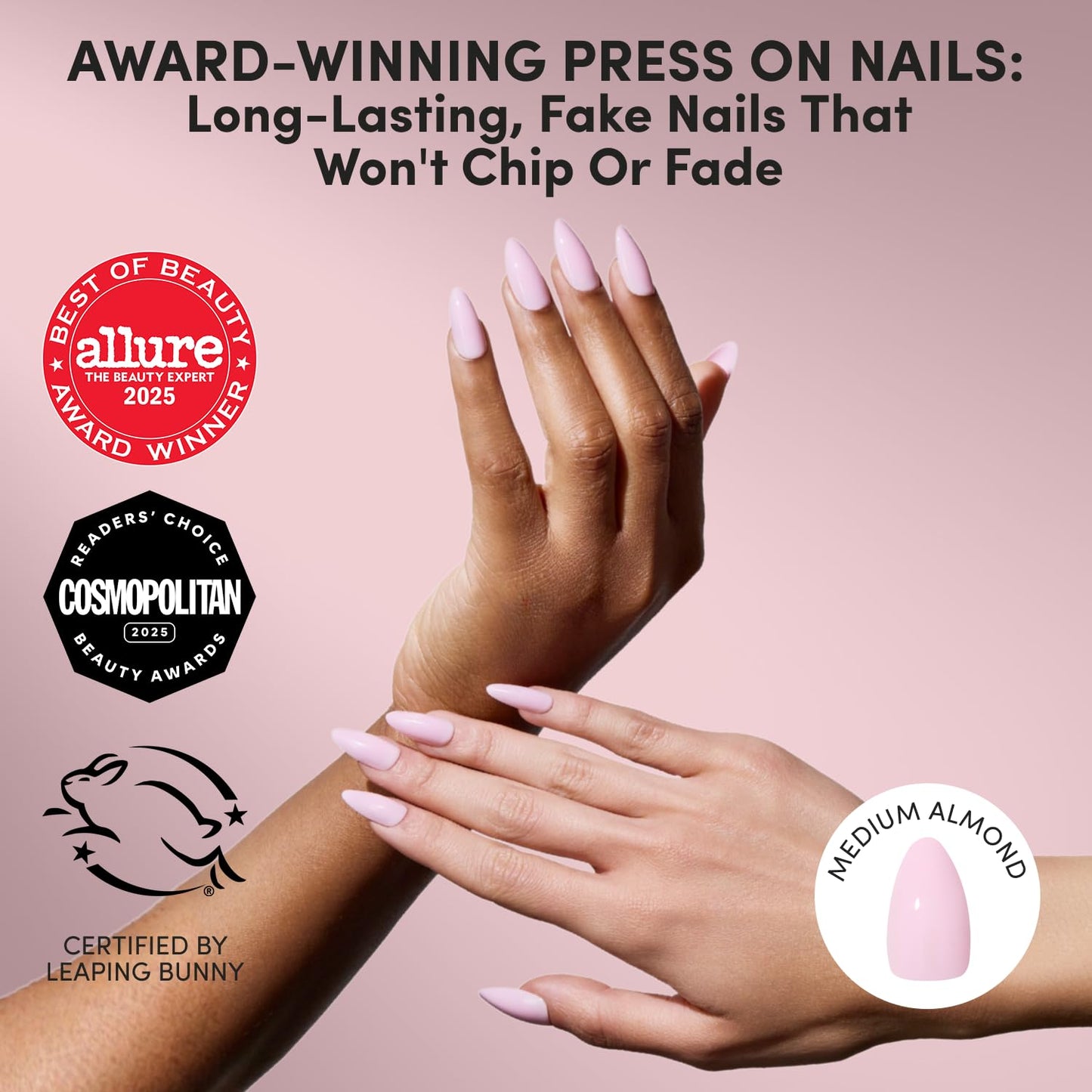 Glamnetic Press On Nails - Medium Almond Fake Nails | Glossy Light Pink Press On Nails, Salon Quality Kit with Glue | Iconic Pink - 30 Nail Set in 15 Sizes