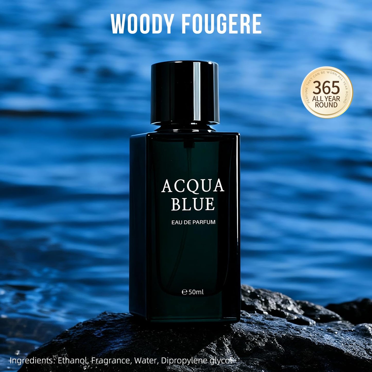 Acqua Blue Eau de Parfum for Men, 50ml Fresh Woody Fougere Cologne with Lemon, Mint & Pink Pepper Notes, Long-Lasting Clean Masculine Fragrance for Office, Daily Wear & Gifts