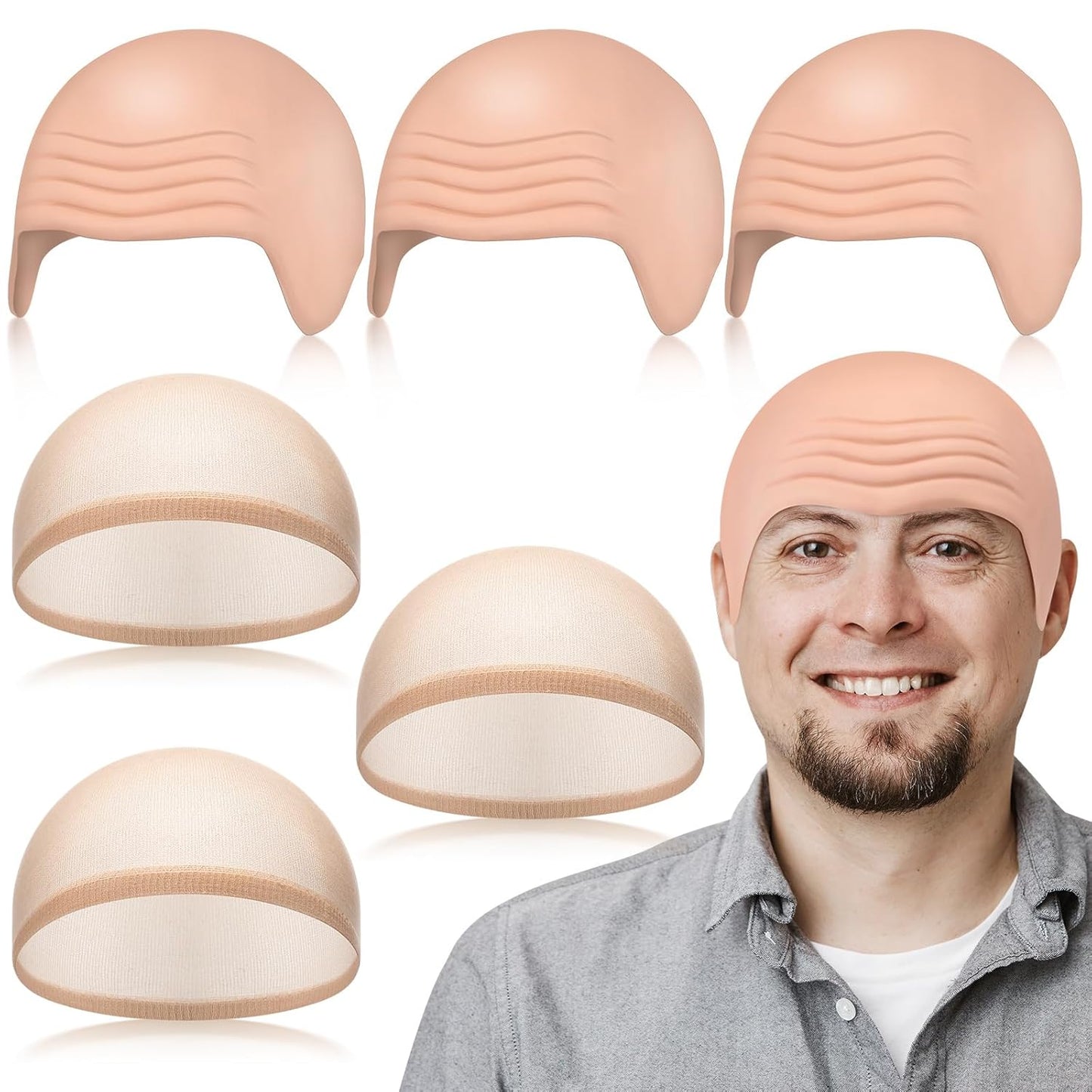Bald Caps for Men & Women - 6 Pcs Latex Bald Head Wig Caps | Cosplay & Halloween Accessories (Beige, Medium)