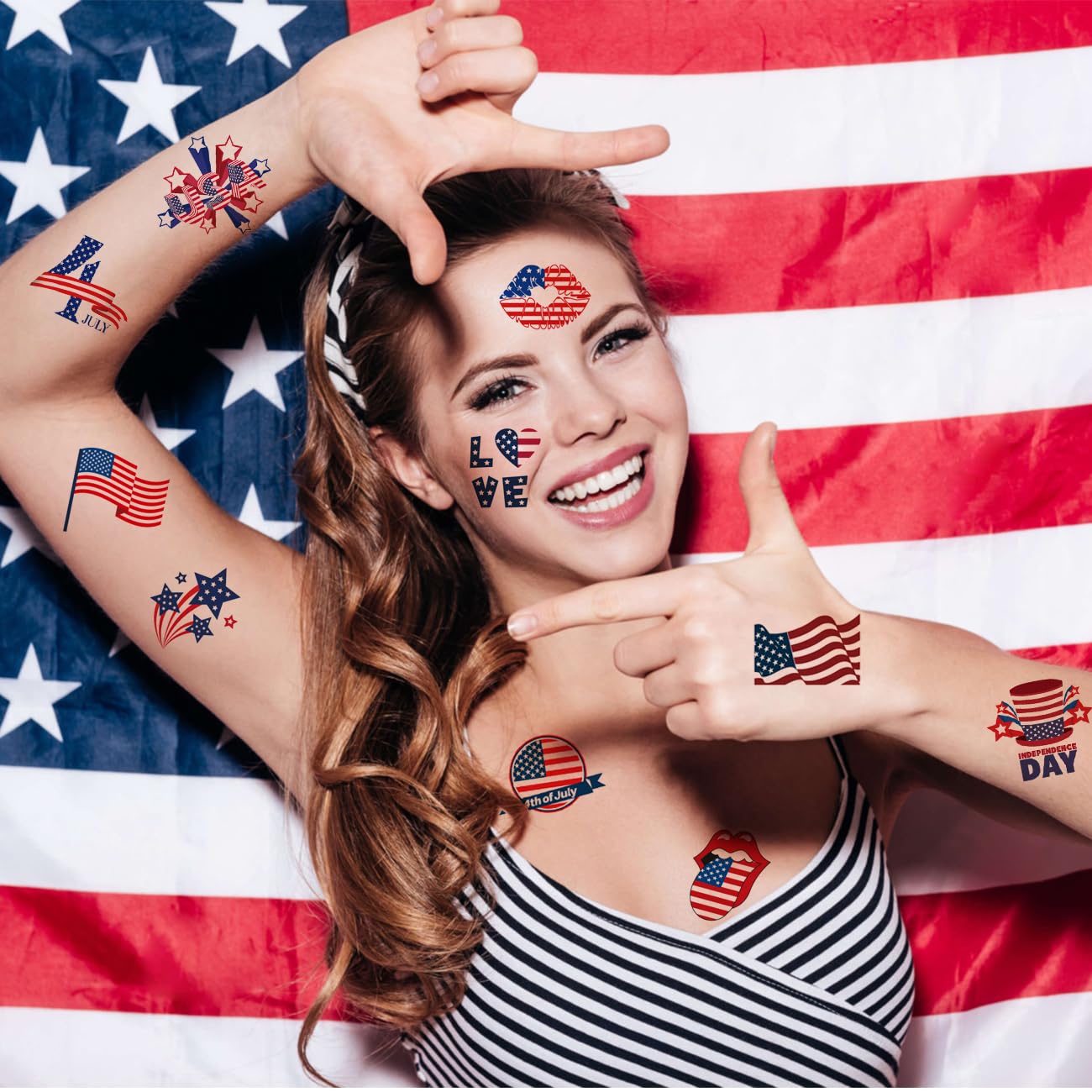 4th of July Temporary Tattoos - 148 American Flag Designs for Kids & Adults | Independence Day Party Favors