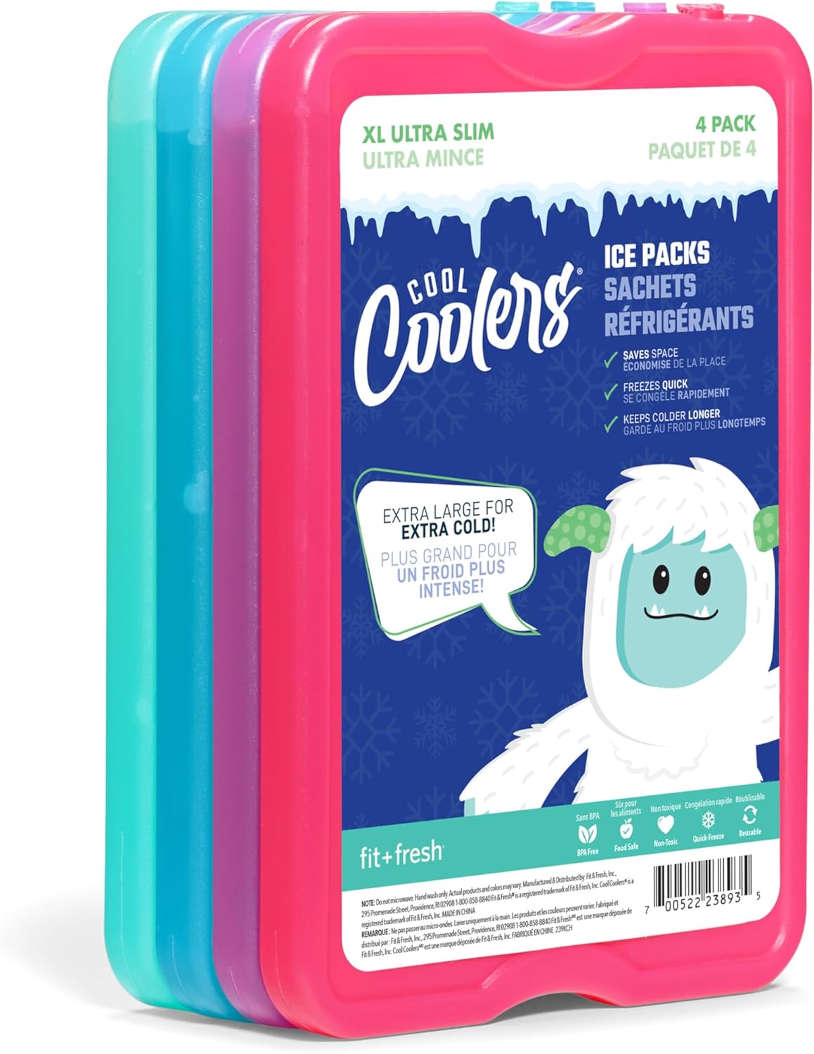 XL Slim Ice Packs - Quick Freeze Reusable Ice Packs for Lunch Boxes & Coolers | 4 Pack