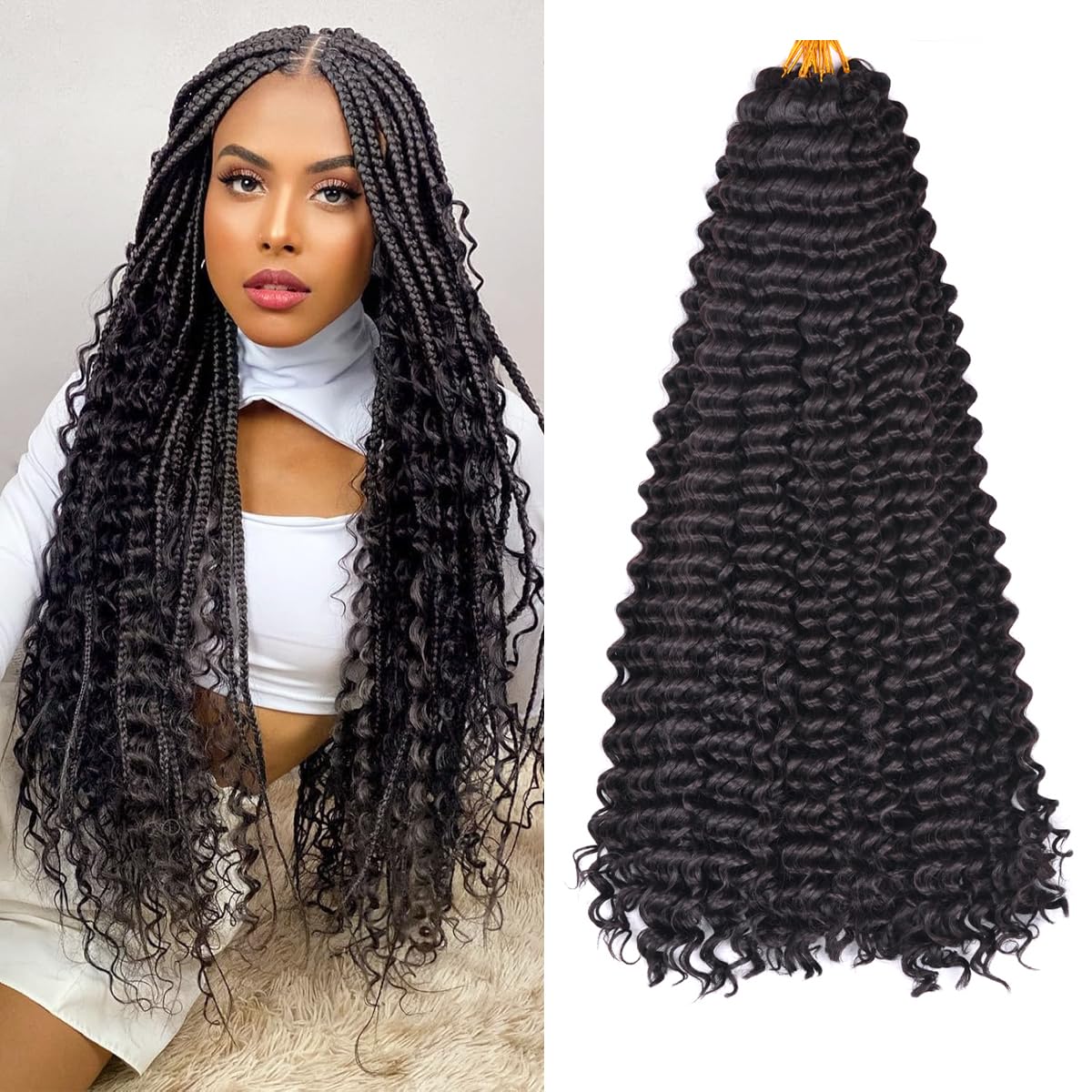 Ocean Wave Crochet Hair Extensions - Deep Wave Synthetic Braiding Hair for Women | 24 Inch, #1B (Pack of 2)