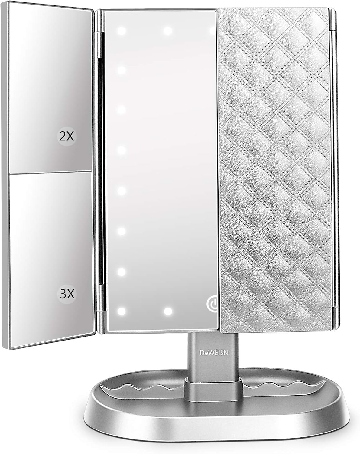 Trifold Lighted Vanity Makeup Mirror - 21 LED Lights, Touch Screen Dimming | 1x/2x/3x Magnification, Dual Power Supply