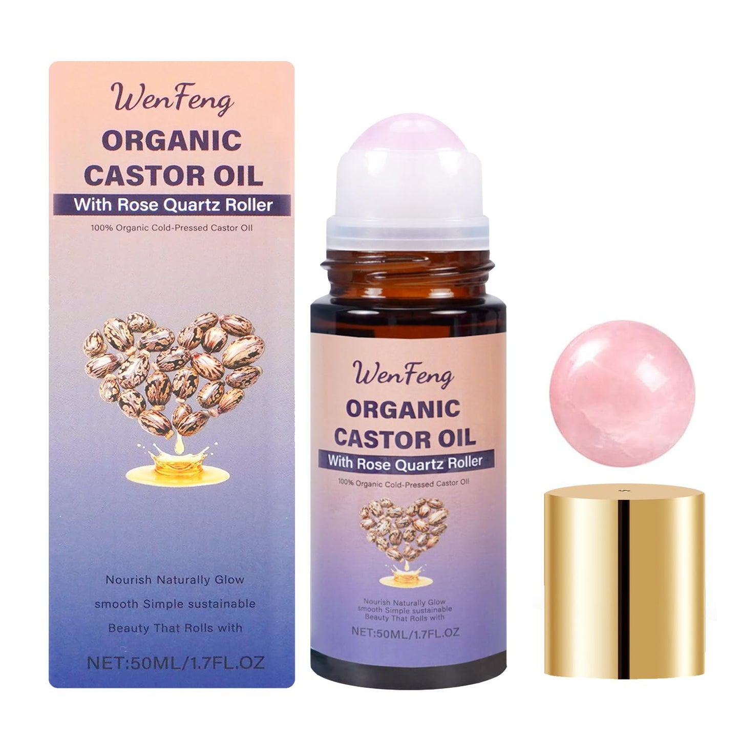 WenFeng Organic Castor Oil Roll On with Rose Quartz Roller Ball