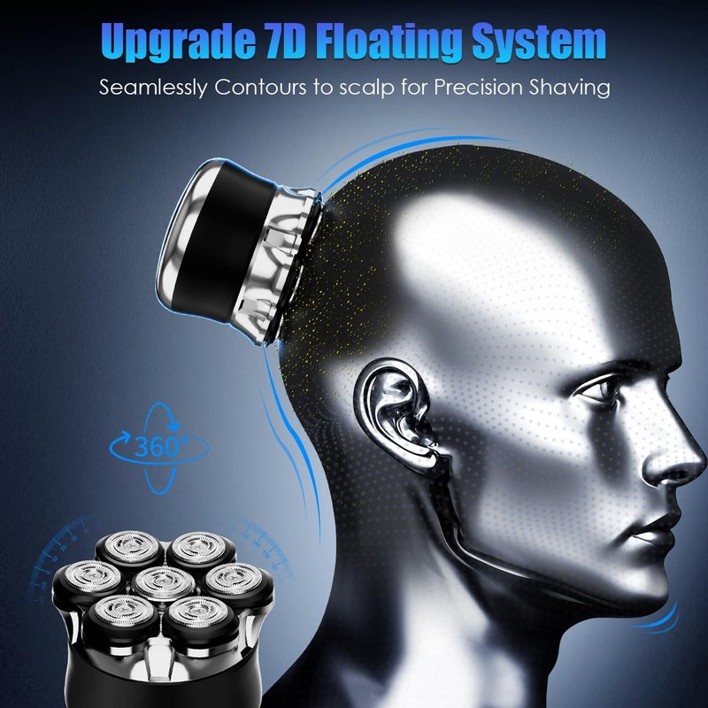 Head Shaver for Men Bald Head, 7D Rotary Electric Razor with Magnetic Detachable Head, Smooth Close Shave, LED Display, IPX7 Waterproof, USB-C Fast Charging