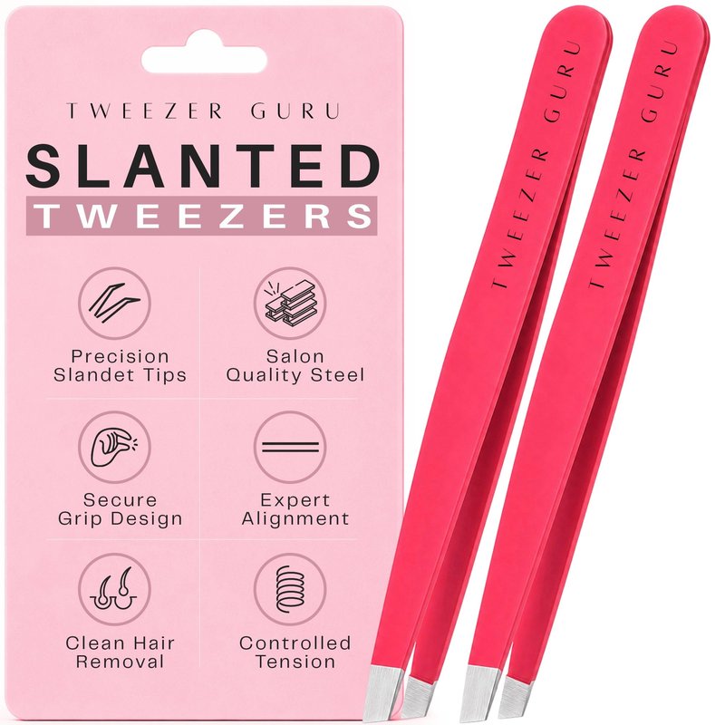 Tweezer Guru Tweezers for Women Facial Hair & Men – Precision Slant-Pointed Eyebrow Tweezer for Ingrown Hair, Blackhead & Splinter Removal (2 Bright Pink)