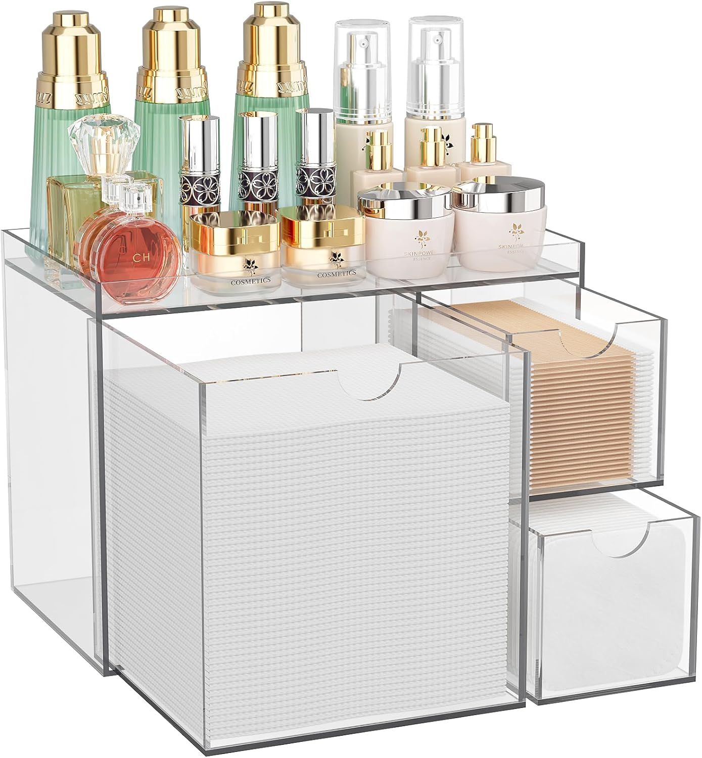Clear Acrylic Face Towel Holder - 3 Drawer Organizer for XL Facial Towels, Cotton Pads & Skincare Tools | Bathroom Vanity Storage