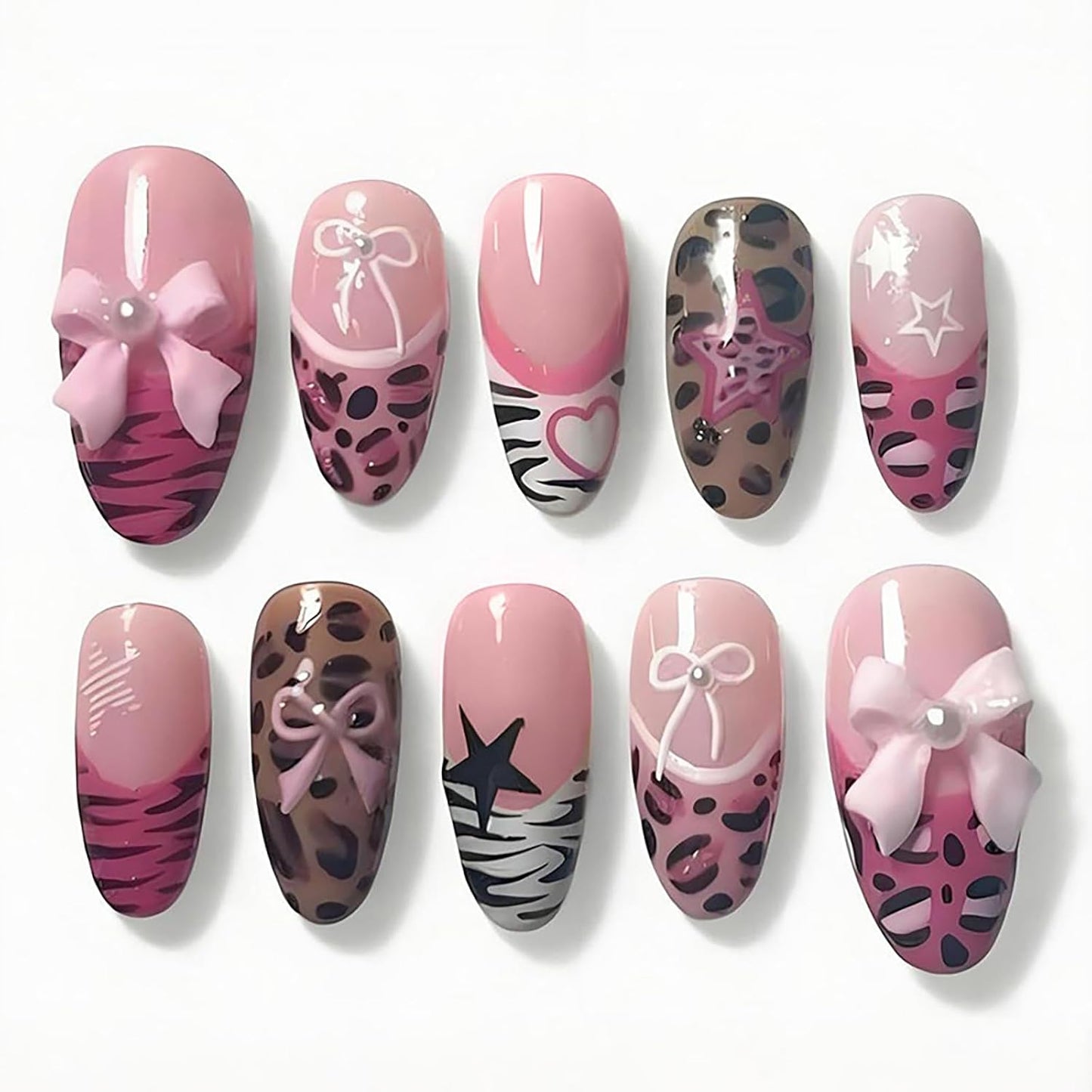 Press-On Nails - 24Pcs Medium Almond Beach Flower Design | Full Cover Acrylic with Shell & Starfish Rhinestones