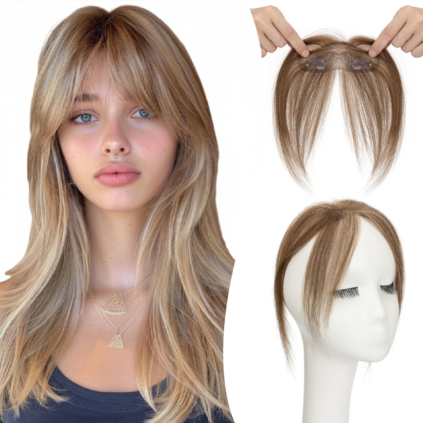 TESSHAIR Clip in Bangs, 100% Real Human Hair, Human Hair Clip in Bangs, Middle Part HairPieces, No Tangle & Smooth, 11g #4P27 Medium Brown Mixed Dark Blonde