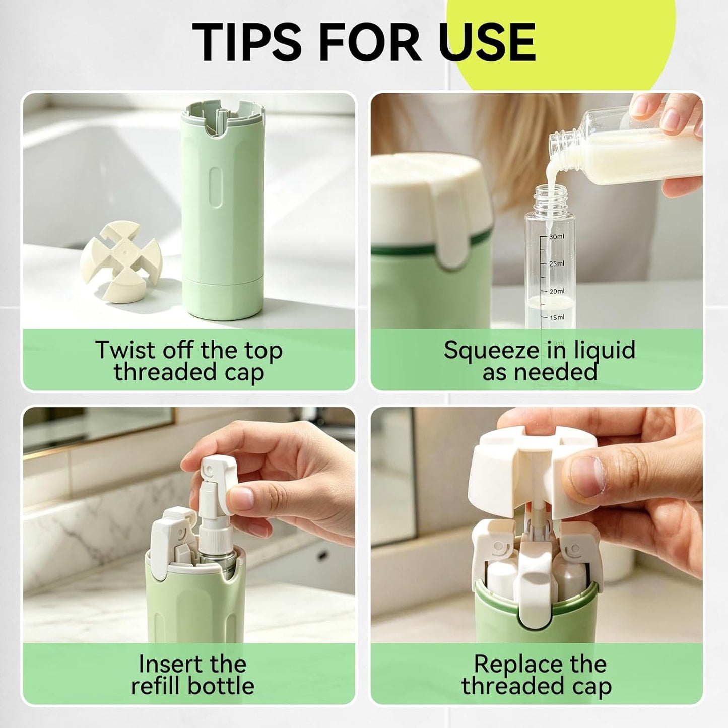 Travel Dispenser Bottles - 4 Pack 30ML Leak-Proof Toiletry Containers | Refillable Pump Bottles for Shampoo, Conditioner, Lotion