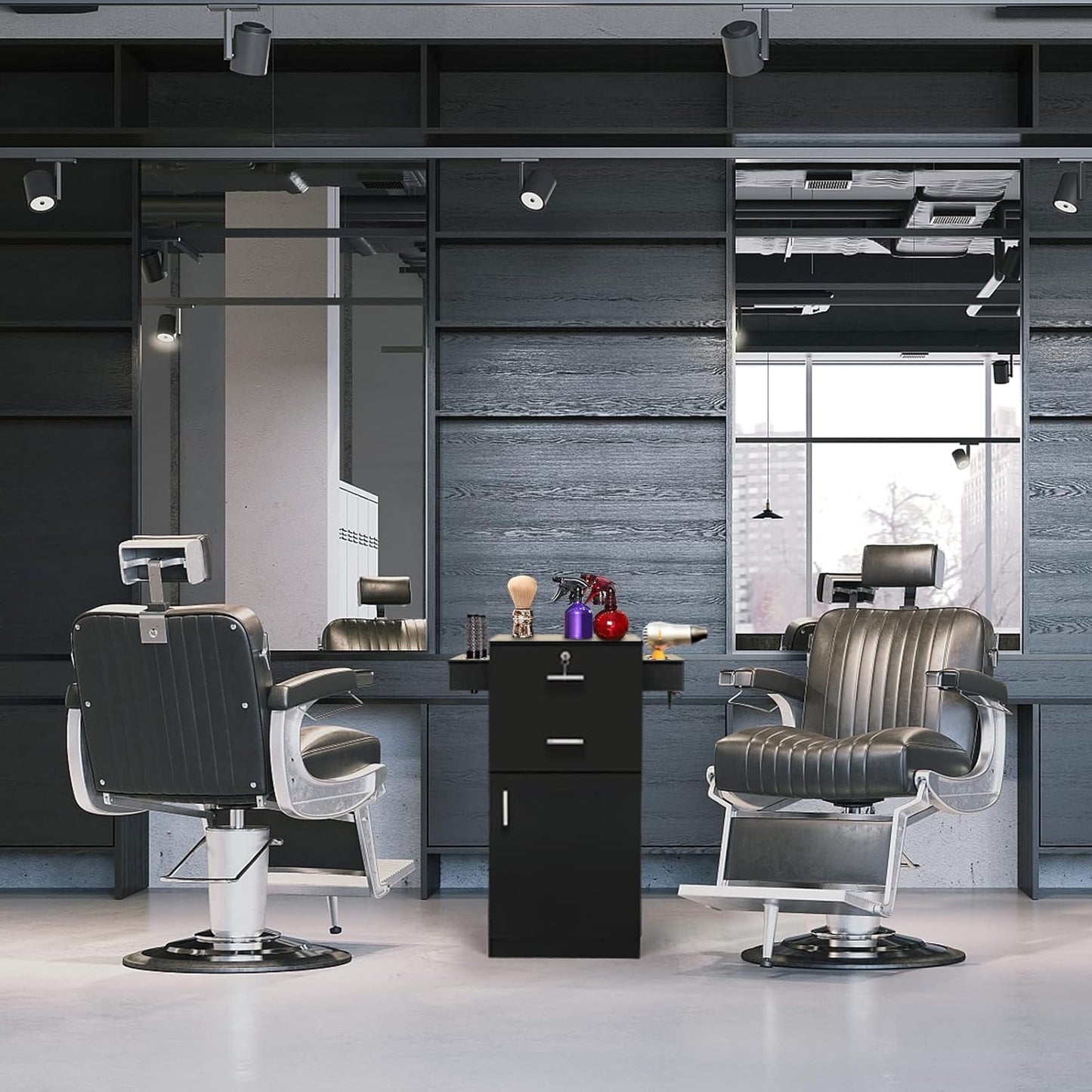 Salon Stations for Hair Stylists - Beauty Salon Storage Cabinet with 2 Drawers & 6 Hair Dryer Holders | Black