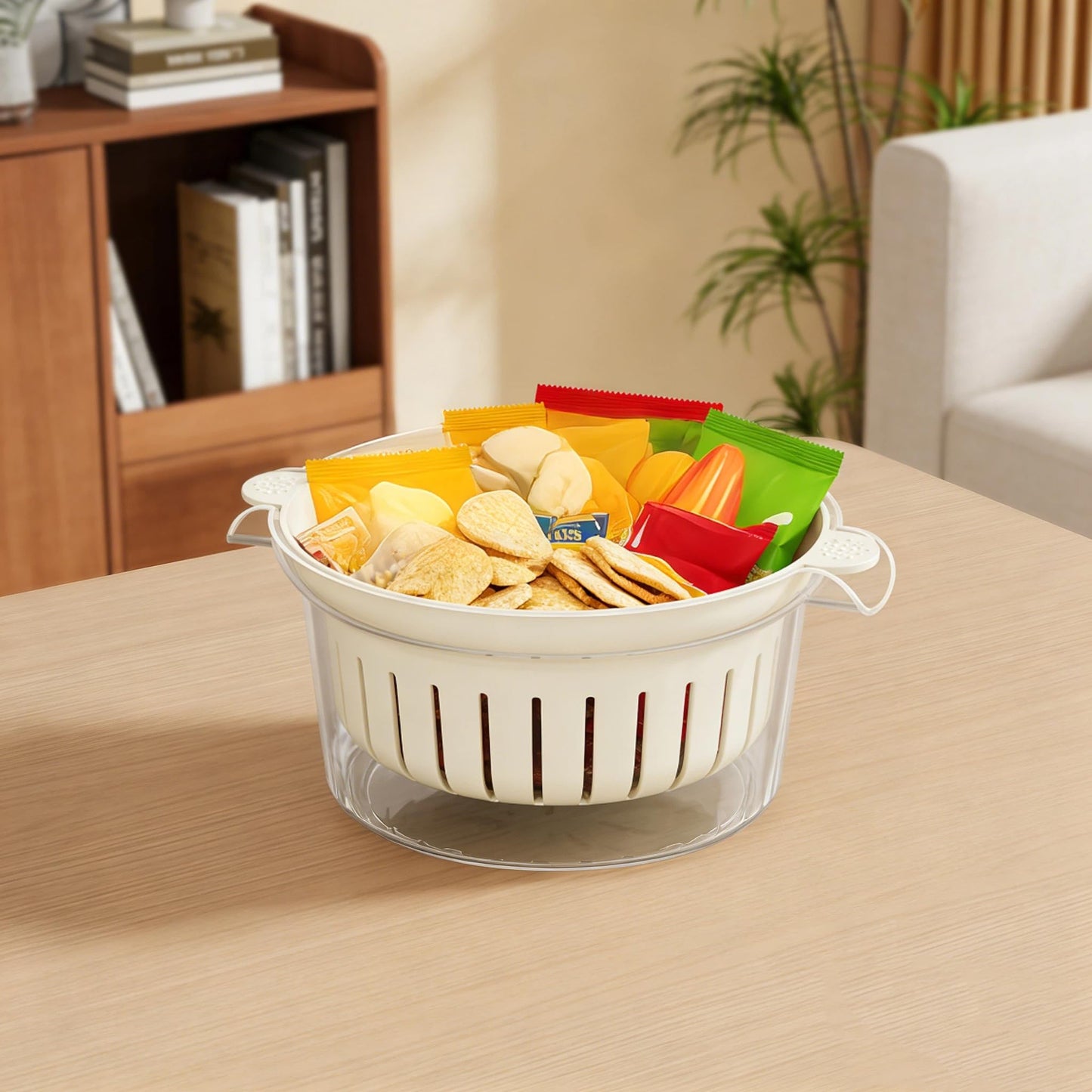 Fruit Drain Basket Set, Dual Layer Kitchen Colander with Drain Bowl for Washing Fruits Vegetables Pasta, Lightweight Food Strainer with Handles and Transparent Base for Home Kitchen Use
