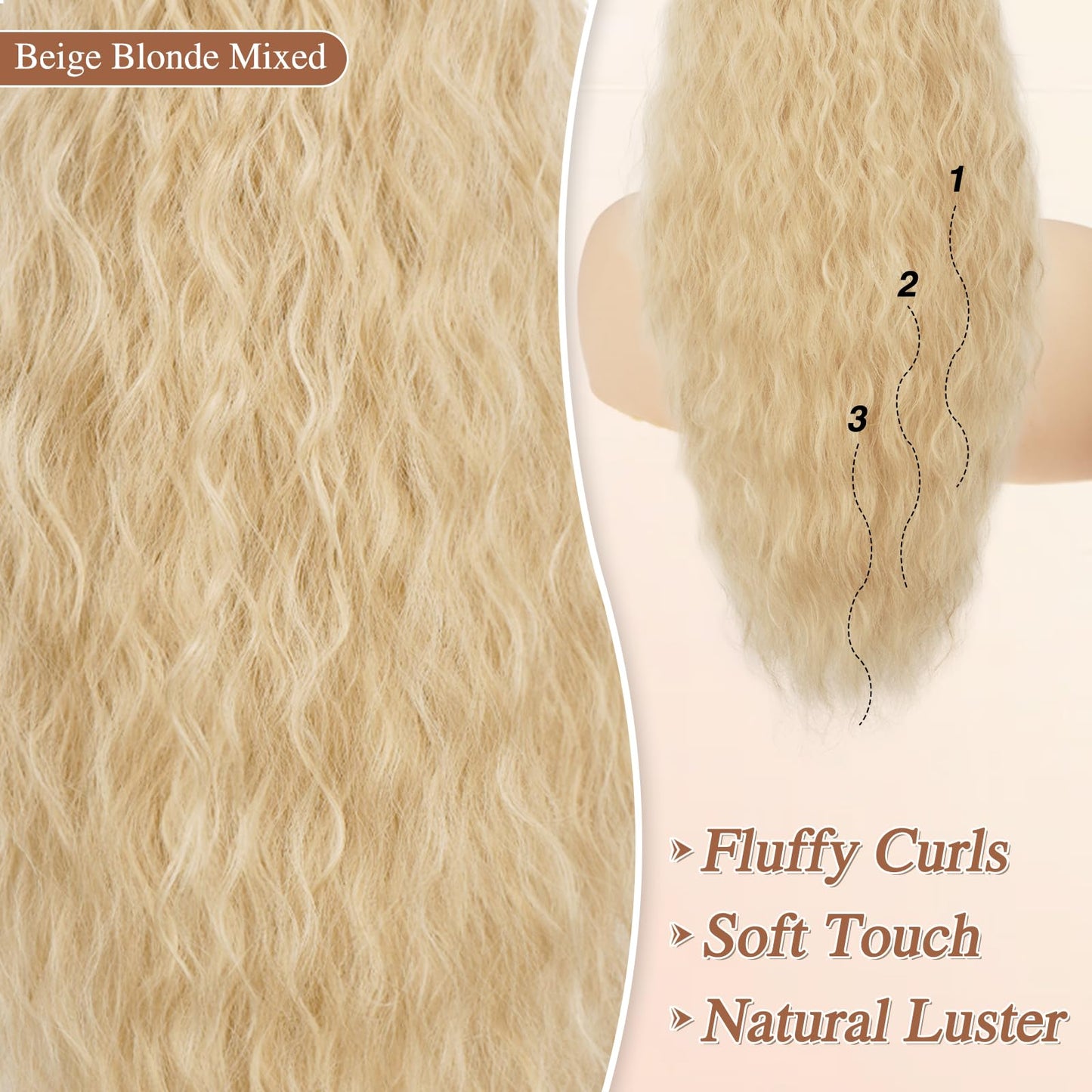 BARSDAR Curly Wavy Drawstring Highlight Ponytail Extension – 22 Inch Synthetic Comb Clip in Ponytail Hairpieces for Women, Voluminous Natural Looking Bohemian Ponytail - Brown with Highlights