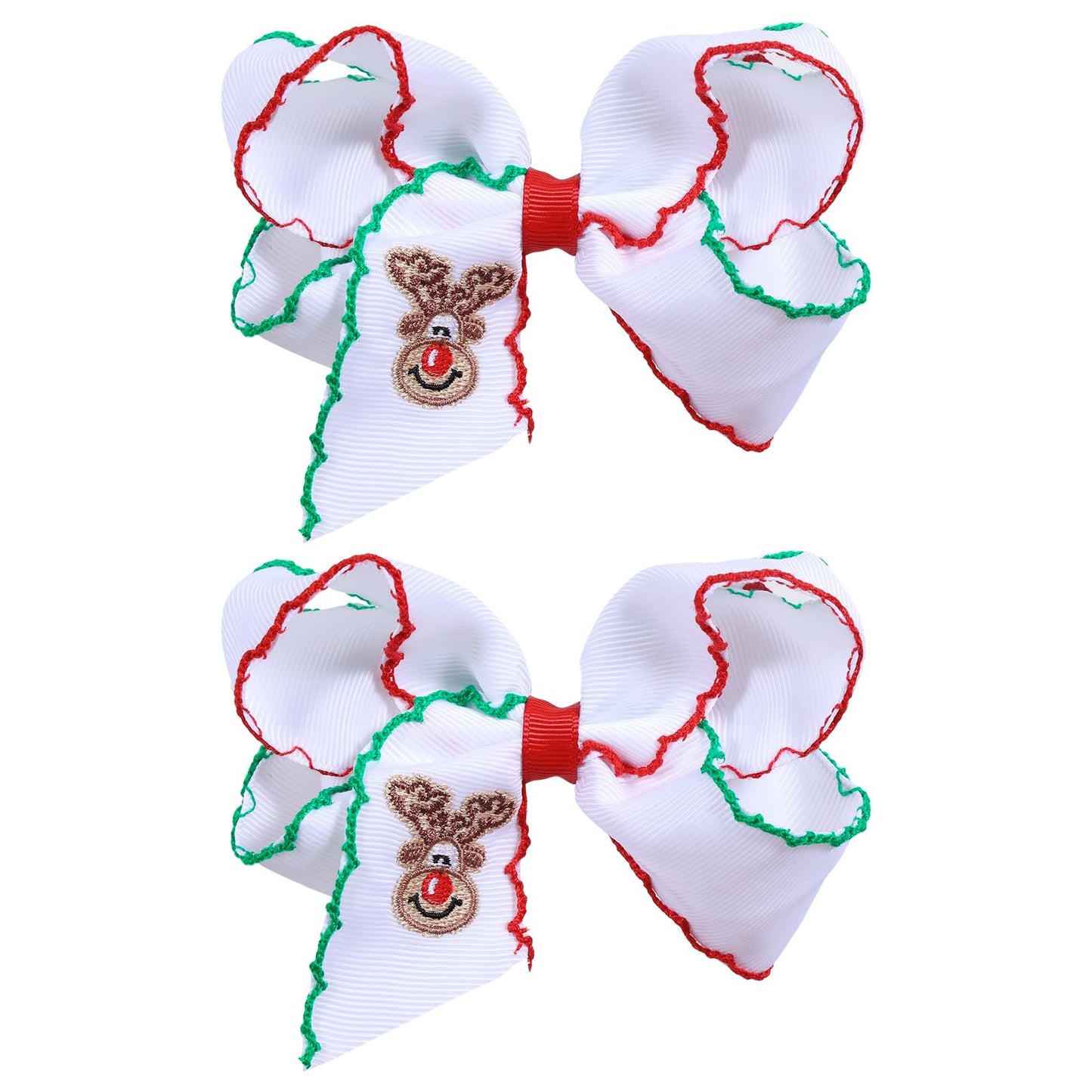 Christmas Embroidered Hair Bow Clips for Girls Women 2-pack 4” Handmade Cute Elk Ribbon Alligator Clip for Teens Toddler Kid Xmas Holiday Party Dress Decoration Accessory Gift