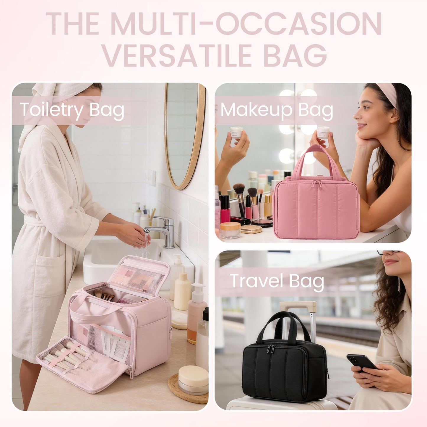 SODEER Cute Puffy Toiletry Bag for Women,Large Makeup Bag,Travel Cosmetic Bag with Adjustable Dividers & Trolley Sleeve,Toiletries Organizer,Light Pink