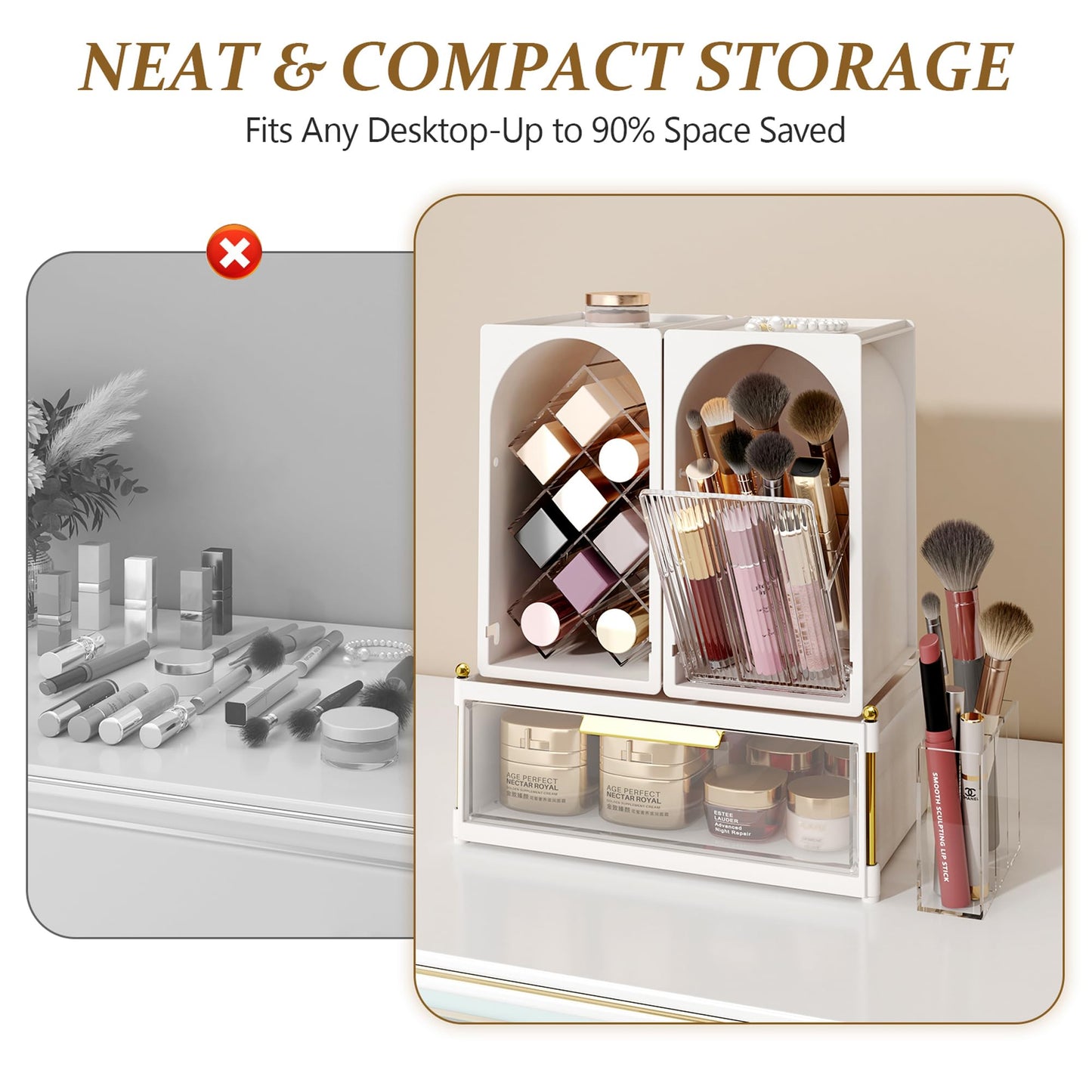 FOLLOWIN Compact Makeup Organizer Set, Lipstick Holder with Grid,Makeup Brush Organizer with Flip Drawer, 2 Ways to Arrange, Milk White Vanity Countertop Storage with Detachable Drawer for Cosmetics