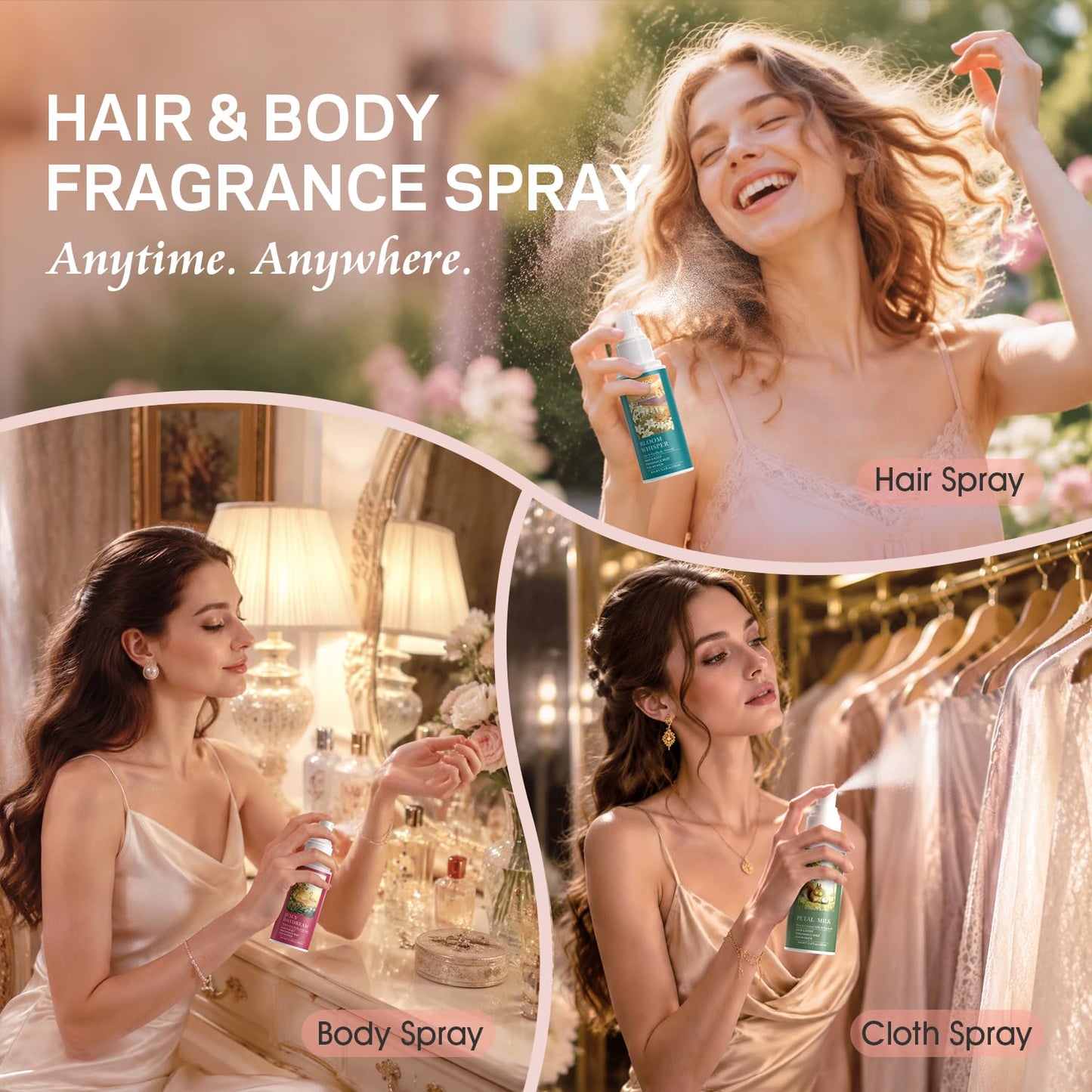Hair & Body Perfume Mist Set for Women, Fresh Fragrance Spray for Hair & Skin & Fabric, Lightweight Long Lasting Travel Size Women's Fragrances Trio Gift Set (Fruity & Floral & Coconut Milk Scents)