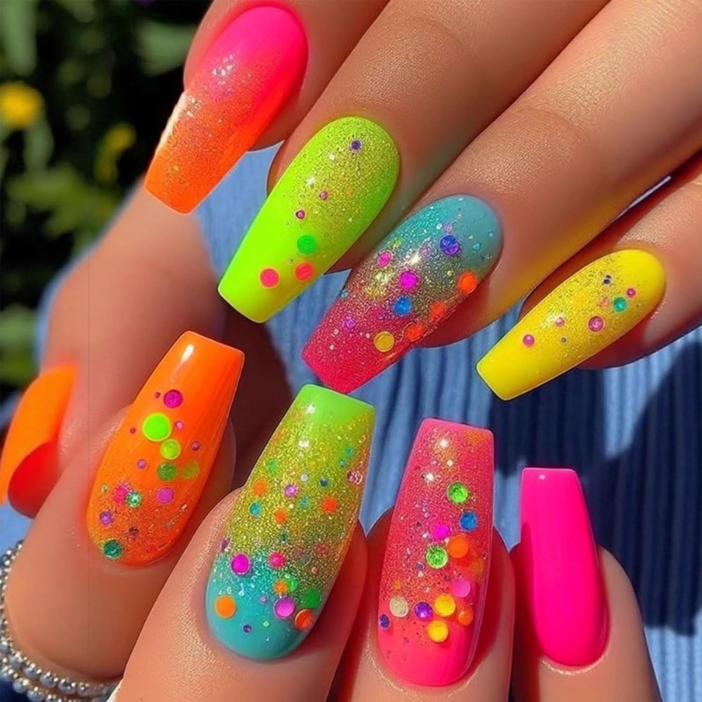 Rainbow Glitter Press-On Nails - Medium Square Colorful Stripes | Glossy Reusable Full Cover Fake Nails for Women - 24 Pcs