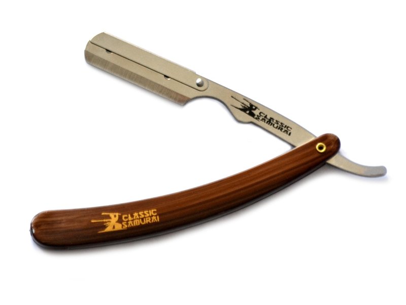 Classic Samurai Stainless Steel Professional Barber Folding Straight Edge Razor Shavette Men's Shaving Kit with 200 Count Lord Single Edge Razor Blades (Brown)