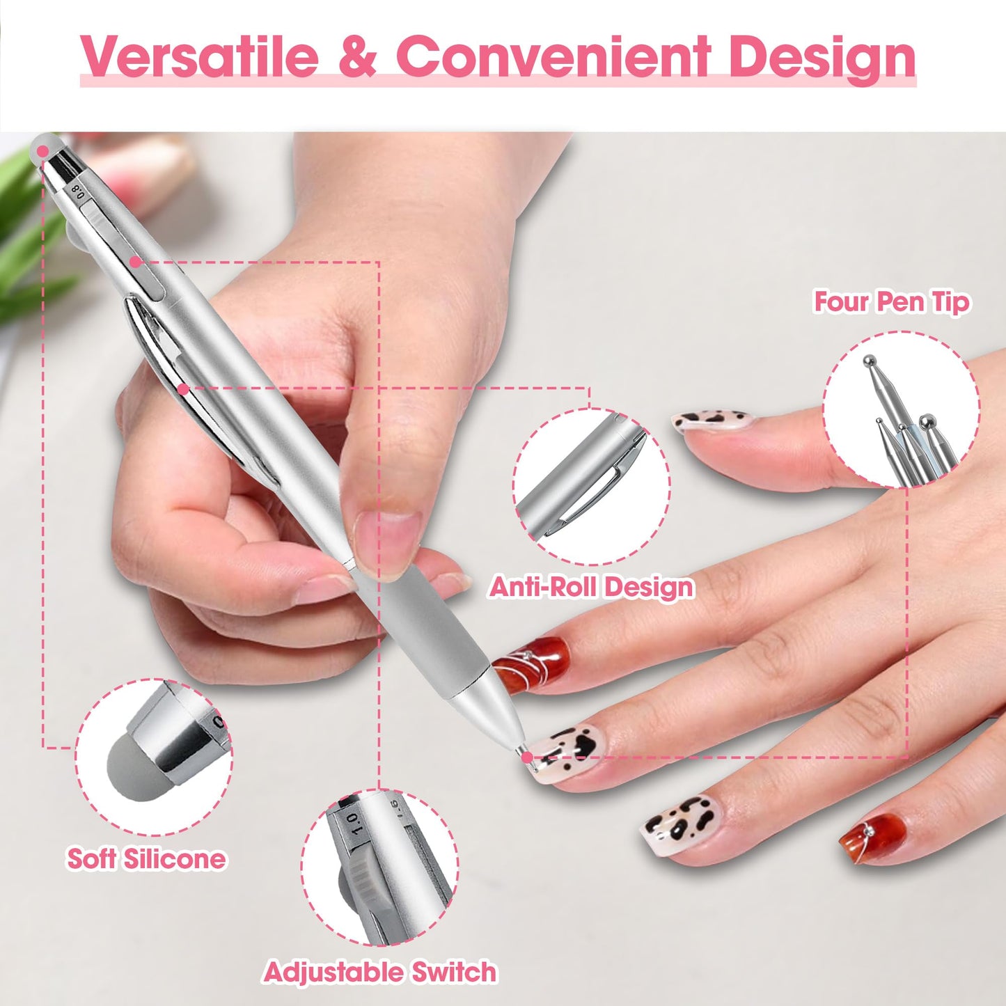 Nail Dotting Pen 5 in 1 2 PACK, Ballpoint Pen Design Nail Dotting Tool for Manicure Art Painting with 4 Size Marking and Pressing Head, For Nail Art Painting, Rhinestones DIY and Salon