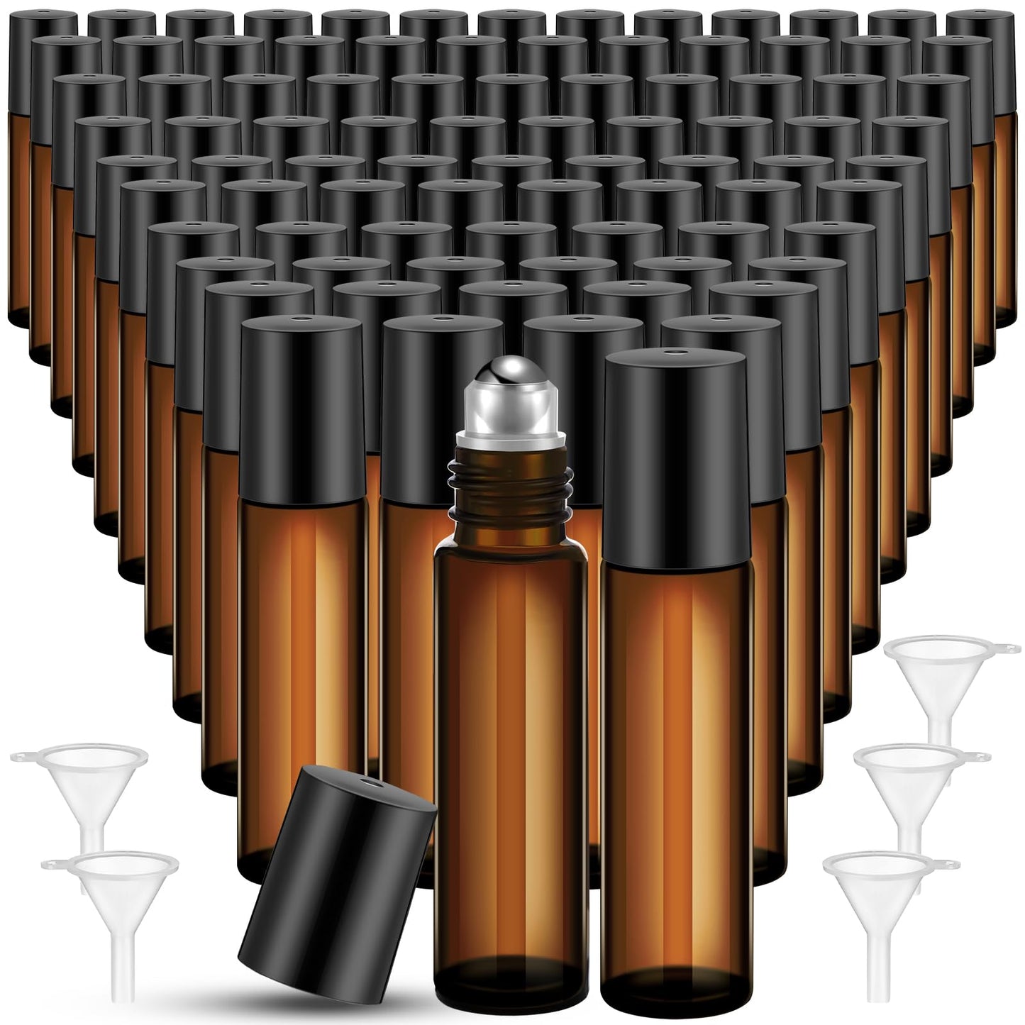 Sumind 150 Pcs Essential Oil Roller Bottles 10 ml Glass Empty Roll on Bottles with Stainless Steel Balls Leak Proof with 5 Funnel for Travel Essential Oil(Amber)